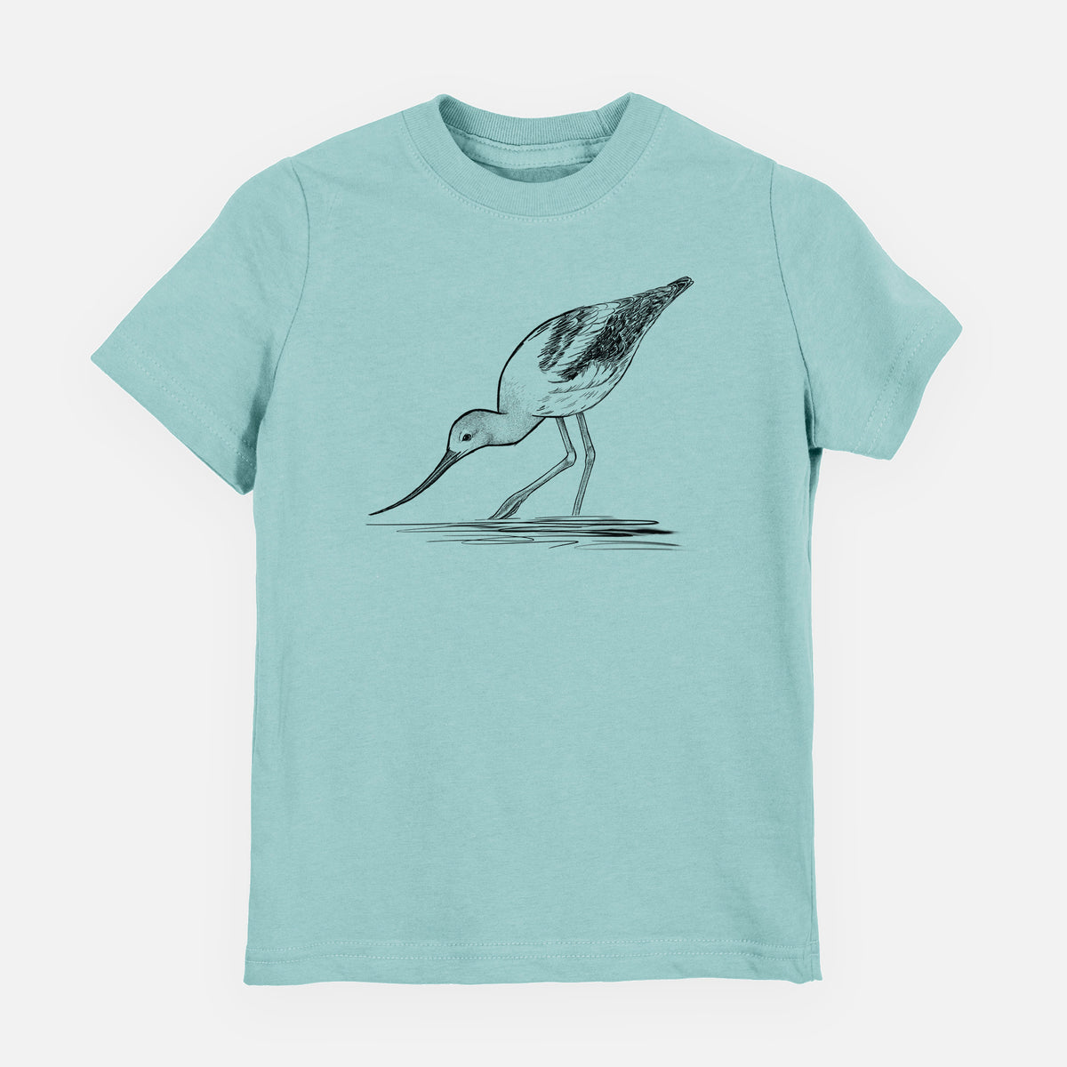 Saltwater youth t-shirt laid flat, printed with a detailed black ink sketch of an American avocet wading in shallow water.