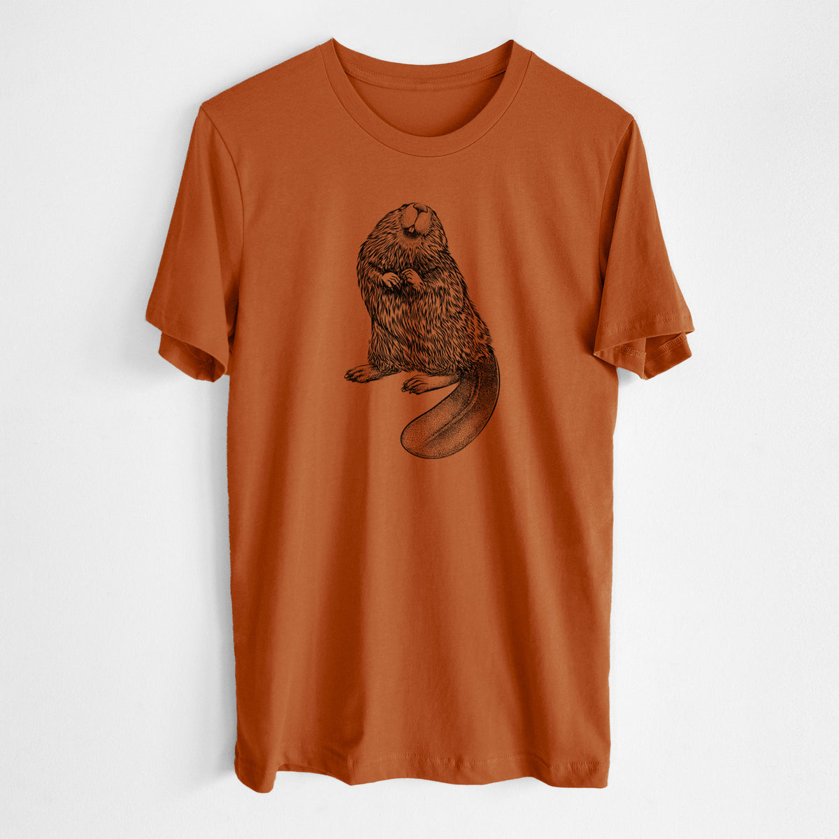 Autumn lightweight cotton t-shirt laid flat, printed with a detailed black ink illustration of an American beaver sitting upright with its flat tail.