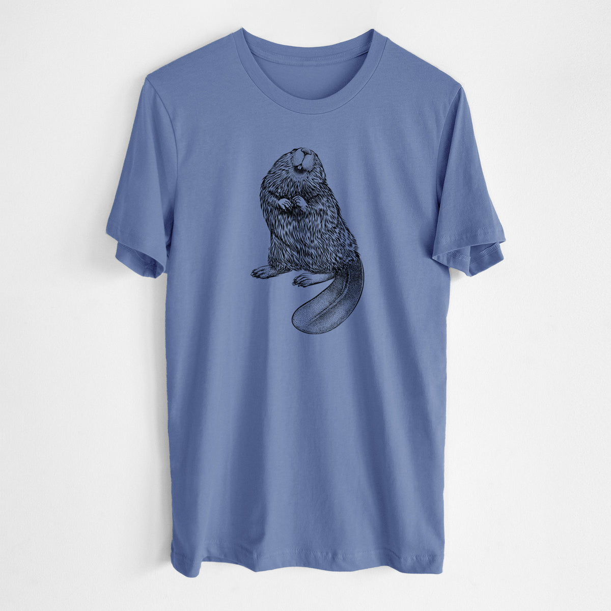 Blue bell lightweight cotton t-shirt laid flat, printed with a detailed black ink illustration of an American beaver sitting upright with its flat tail.