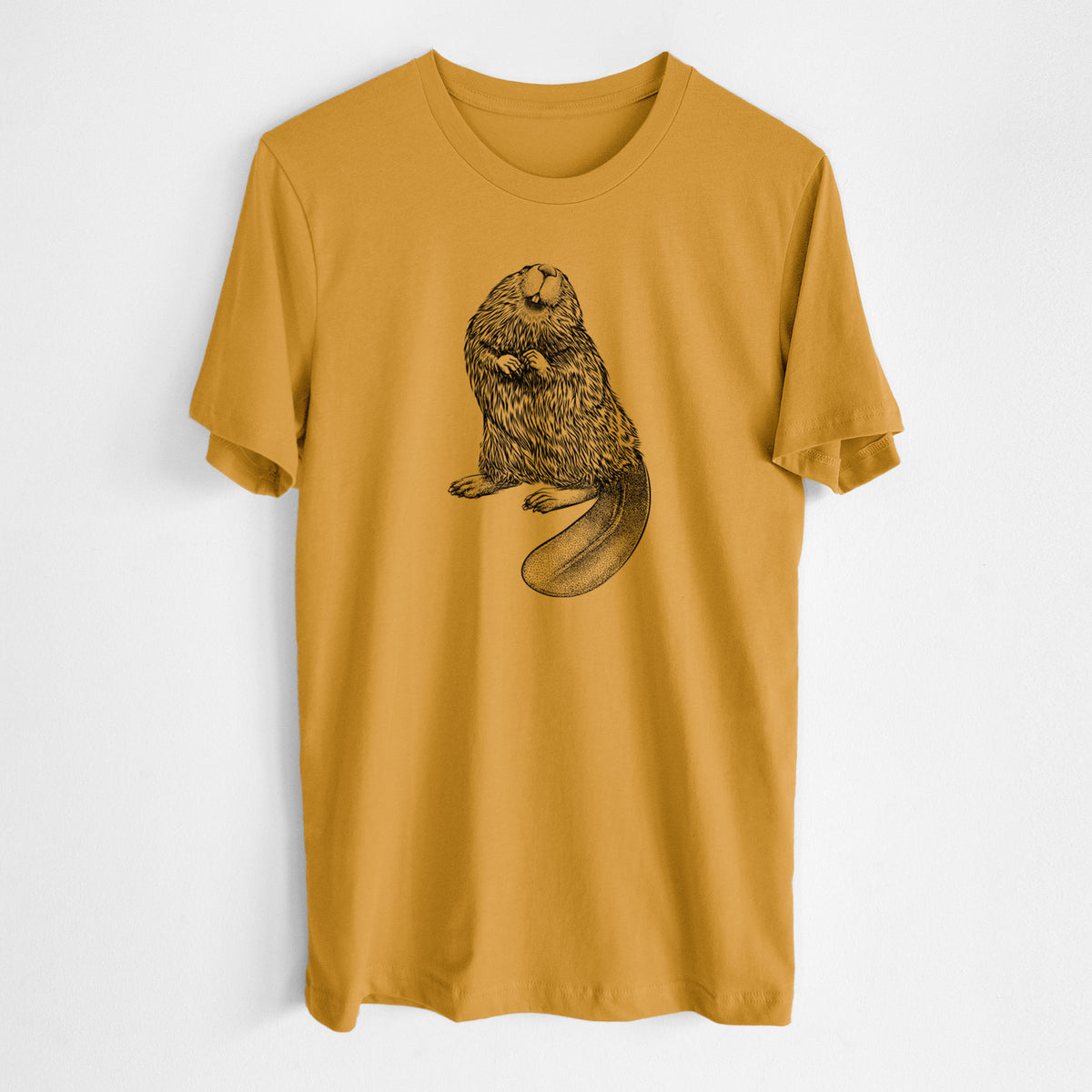 Honeycomb yellow lightweight cotton t-shirt laid flat, printed with a detailed black ink illustration of an American beaver sitting upright with its flat tail.