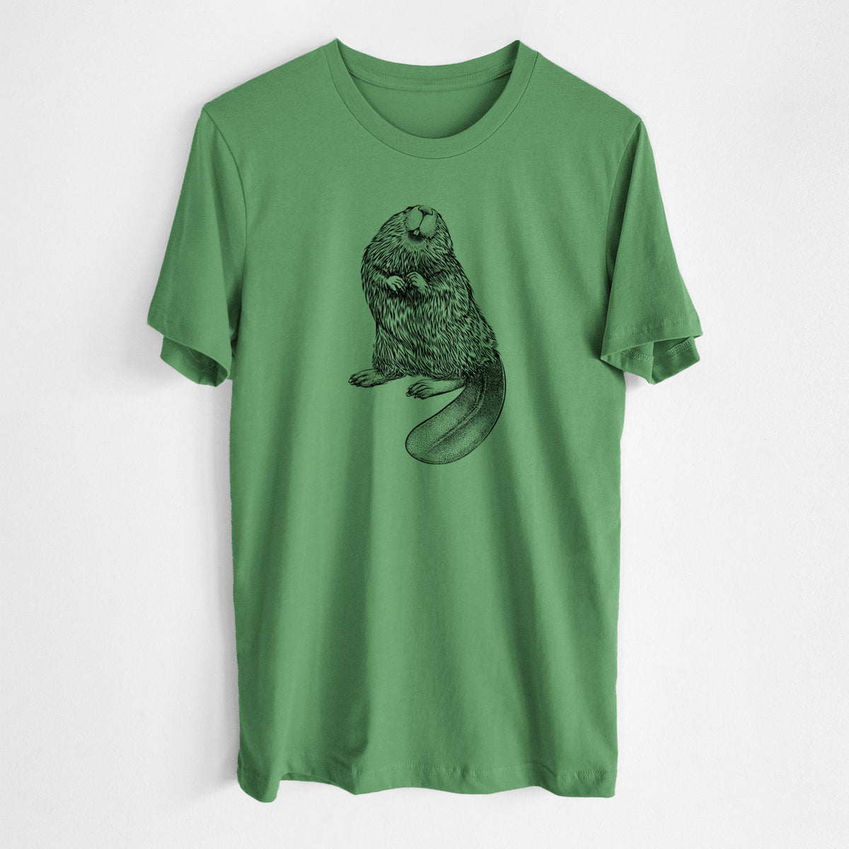 Leaf green lightweight cotton t-shirt laid flat, printed with a detailed black ink illustration of an American beaver sitting upright with its flat tail.
