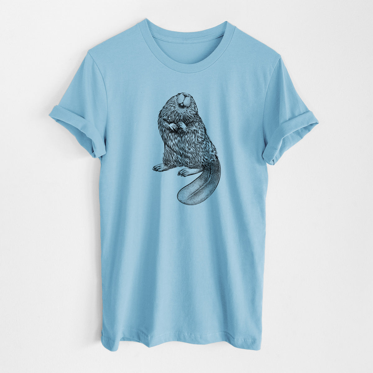 Ocean blue lightweight cotton t-shirt laid flat, printed with a detailed black ink illustration of an American beaver sitting upright with its flat tail.