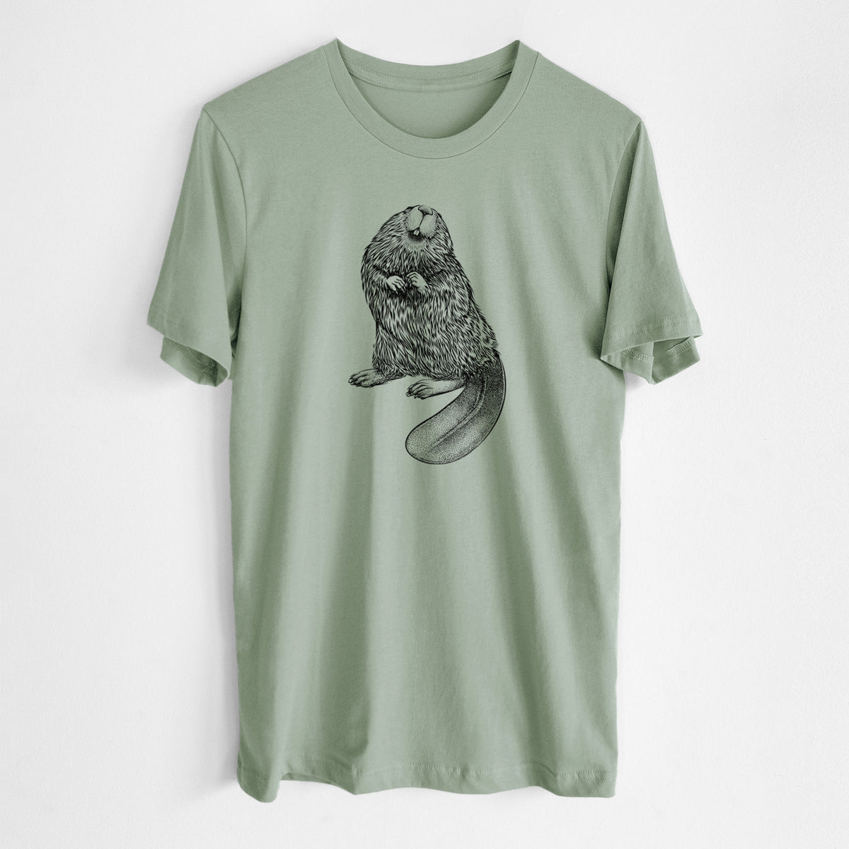 Sage green lightweight cotton t-shirt laid flat, printed with a detailed black ink illustration of an American beaver sitting upright with its flat tail.