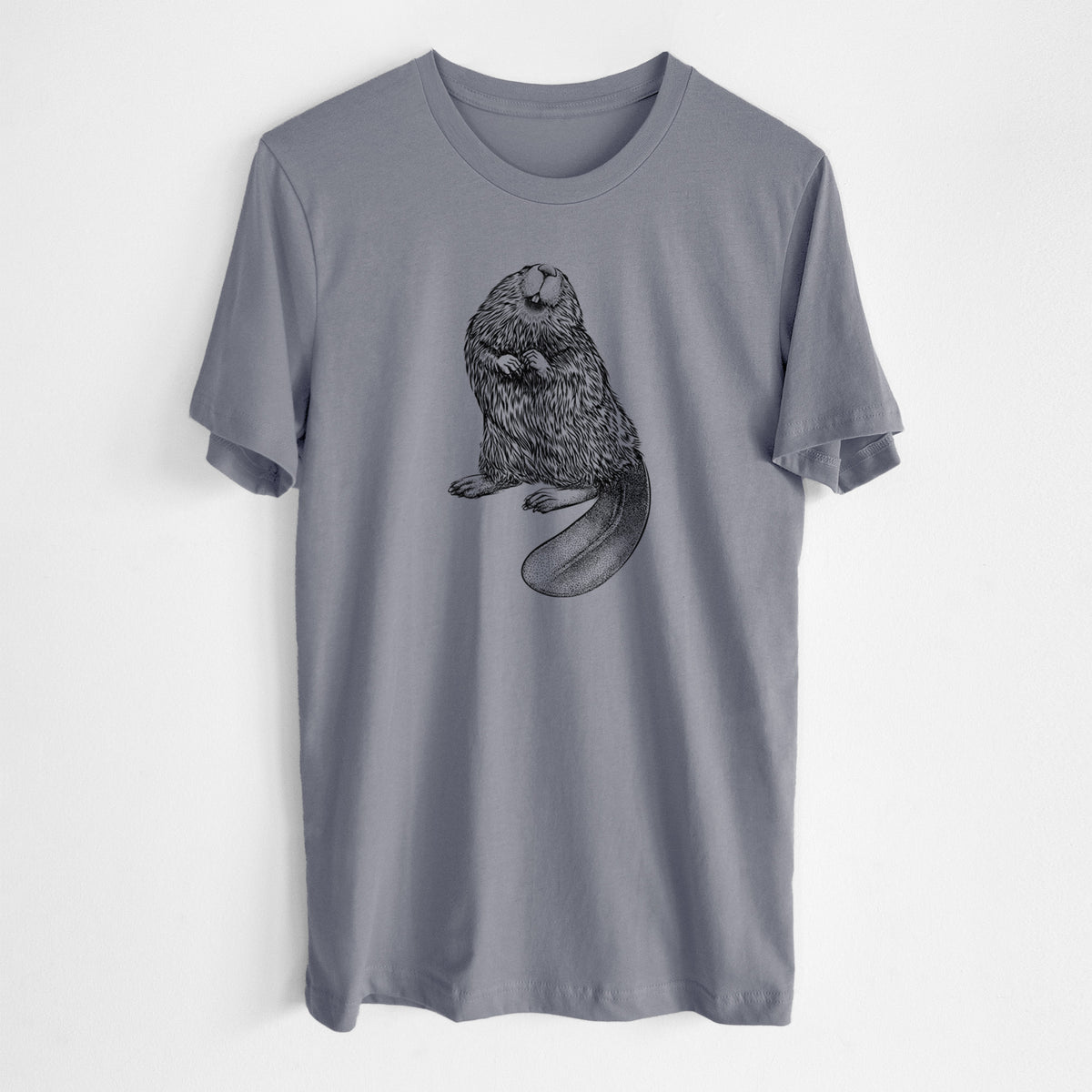 Storm grey lightweight cotton t-shirt laid flat, printed with a detailed black ink illustration of an American beaver sitting upright with its flat tail.