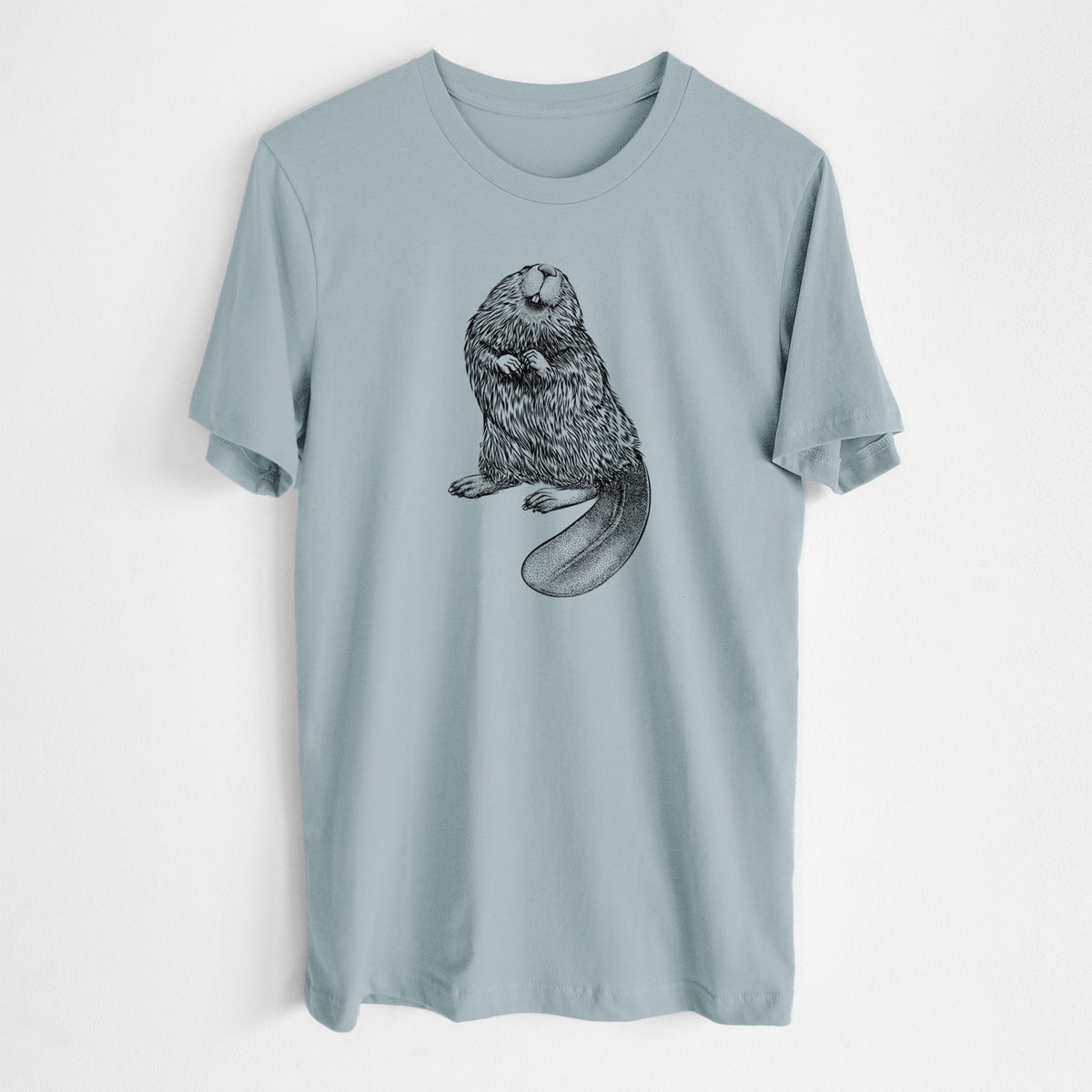 Vintage denim lightweight cotton t-shirt laid flat, printed with a detailed black ink illustration of an American beaver sitting upright with its flat tail.