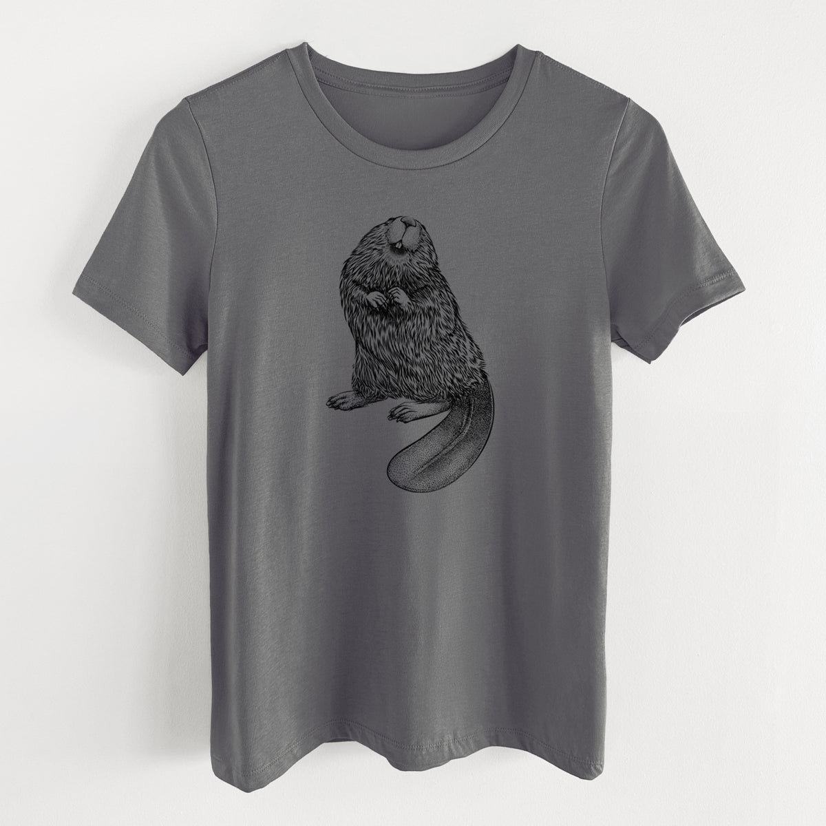 Asphalt women's relaxed fit cotton t-shirt laid flat, printed with a detailed black ink illustration of an American beaver sitting upright with its flat tail.
