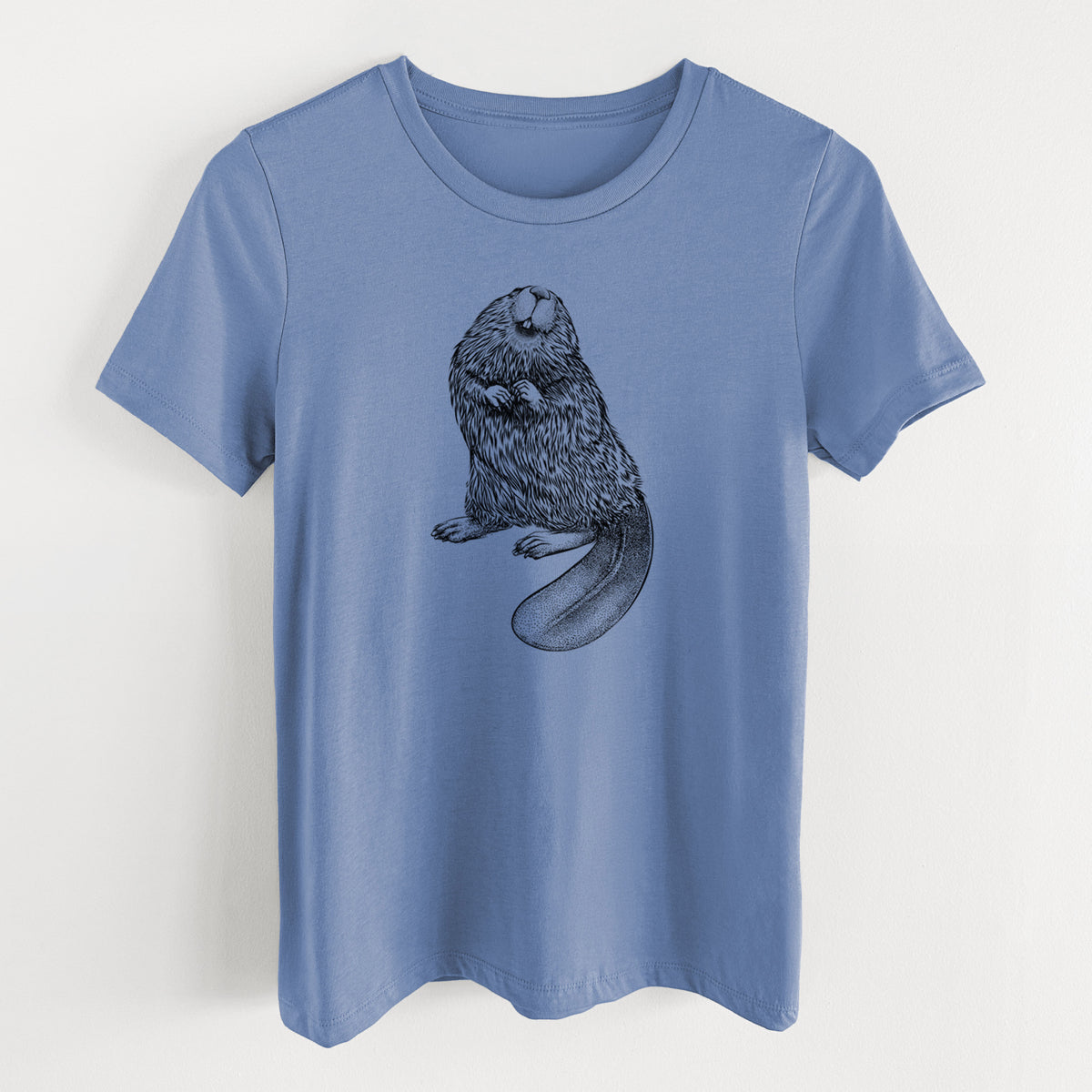 Blue bell women's relaxed fit cotton t-shirt laid flat, printed with a detailed black ink illustration of an American beaver sitting upright with its flat tail.