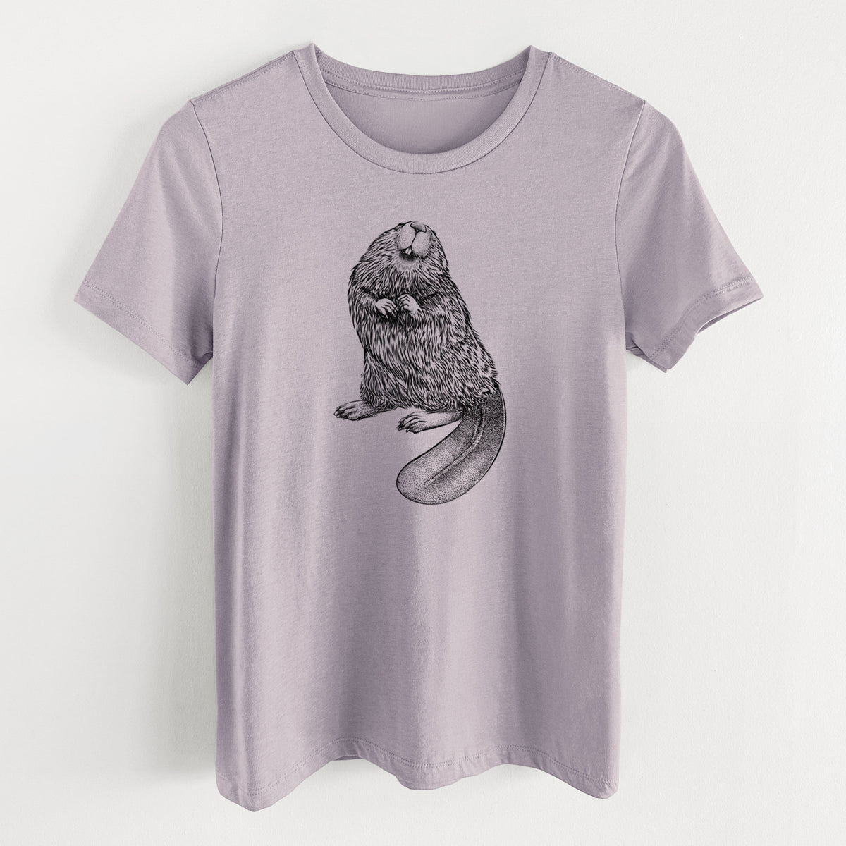 Light violet women's relaxed fit cotton t-shirt laid flat, printed with a detailed black ink illustration of an American beaver sitting upright with its flat tail.