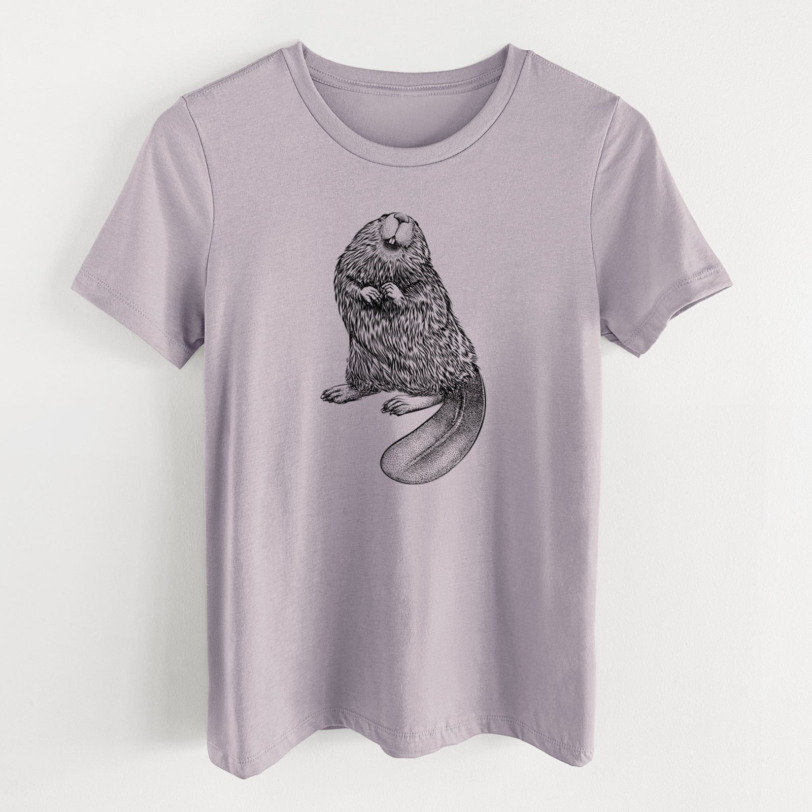 Light violet women's relaxed fit cotton t-shirt laid flat, printed with a detailed black ink illustration of an American beaver sitting upright with its flat tail.