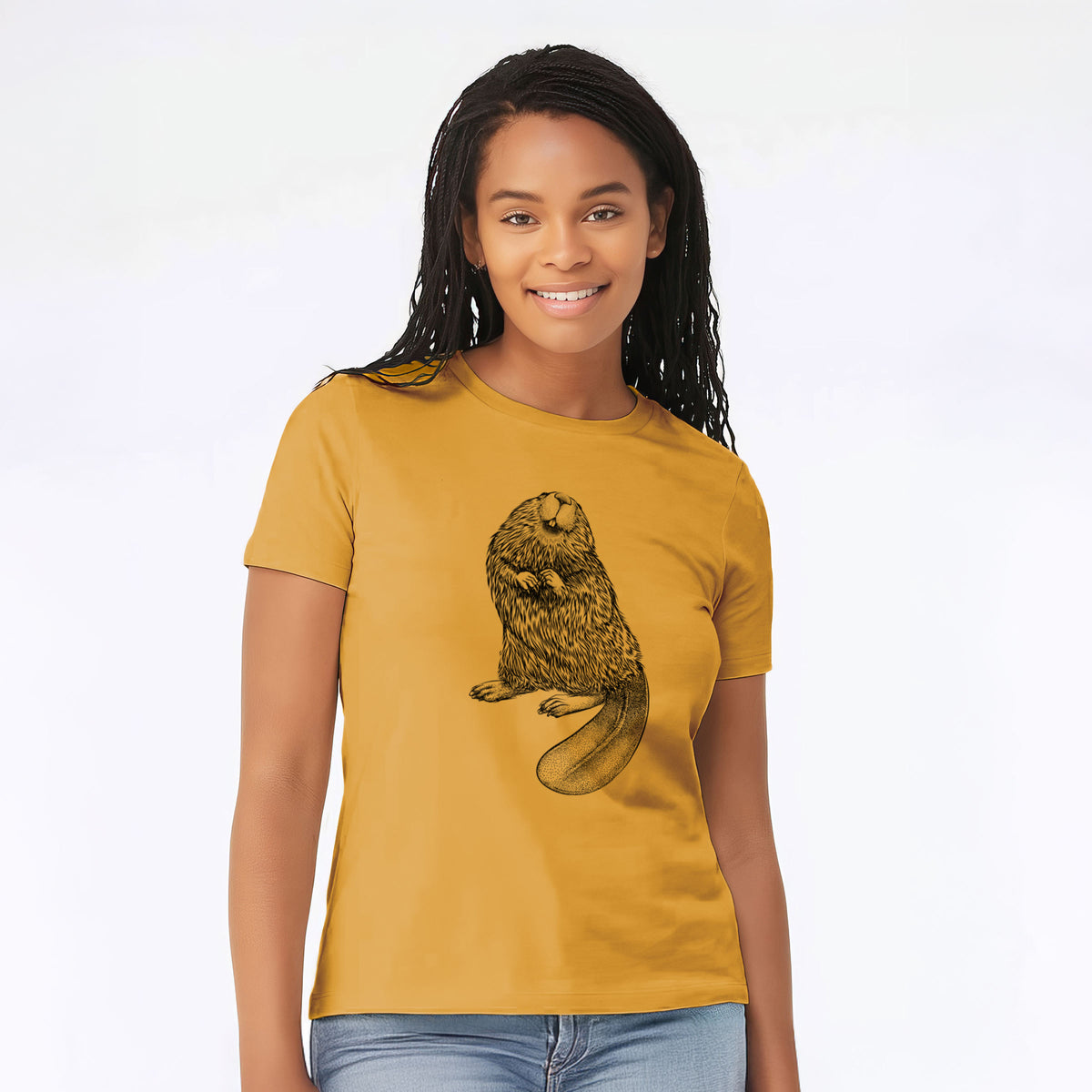 Woman wearing a mustard yellow women's relaxed fit cotton t-shirt printed with a detailed black ink illustration of an American beaver sitting upright with its flat tail.