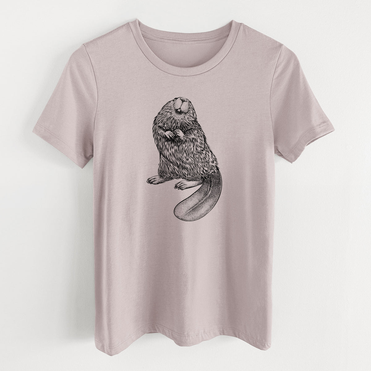 Pink gravel women's relaxed fit cotton t-shirt laid flat, printed with a detailed black ink illustration of an American beaver sitting upright with its flat tail.