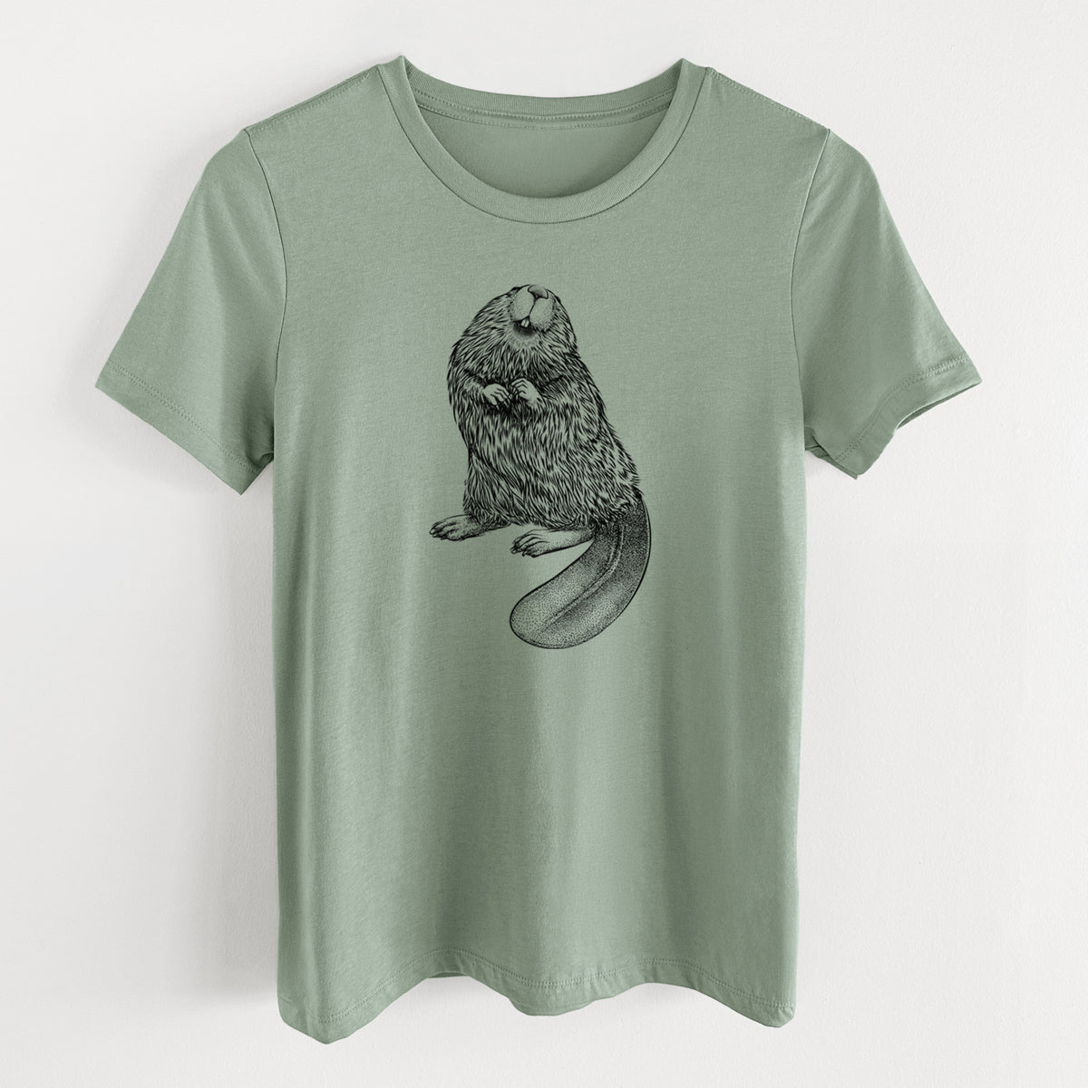 Sage green women's relaxed fit cotton t-shirt laid flat, printed with a detailed black ink illustration of an American beaver sitting upright with its flat tail.