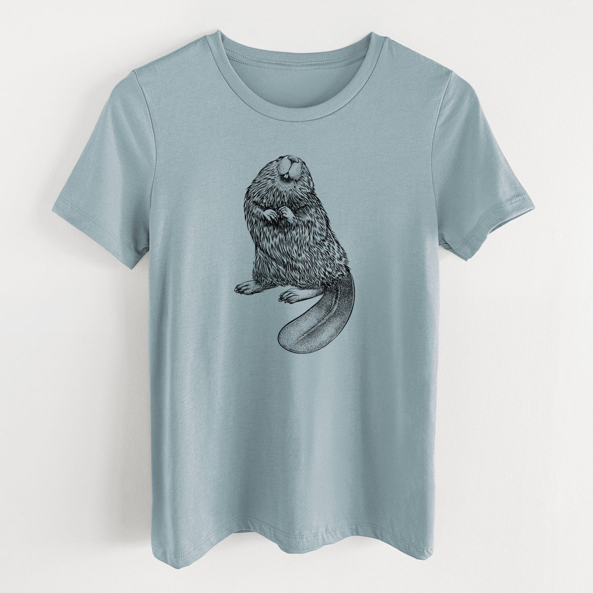 Vintage denim women's relaxed fit cotton t-shirt laid flat, printed with a detailed black ink illustration of an American beaver sitting upright with its flat tail.
