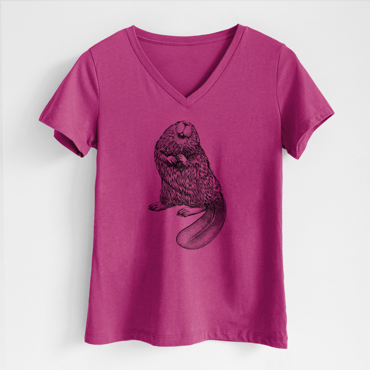 Berry pink women's relaxed fit cotton V-neck t-shirt laid flat, printed with a detailed black ink illustration of an American beaver sitting upright with its flat tail.