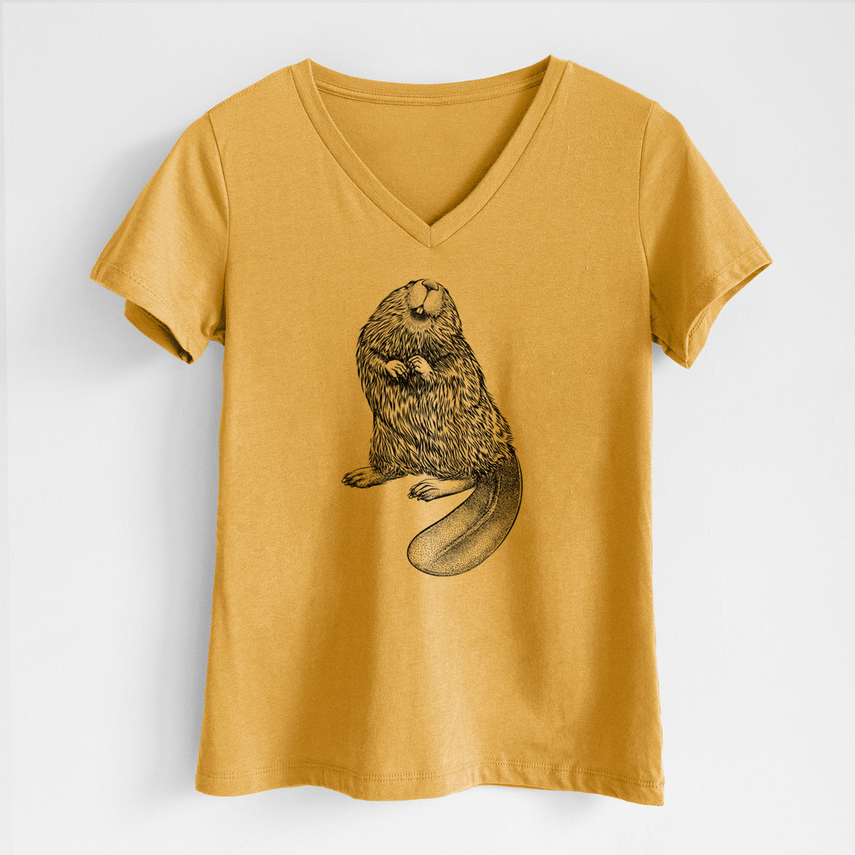 Honeycomb yellow women's relaxed fit cotton V-neck t-shirt laid flat, printed with a detailed black ink illustration of an American beaver sitting upright with its flat tail.