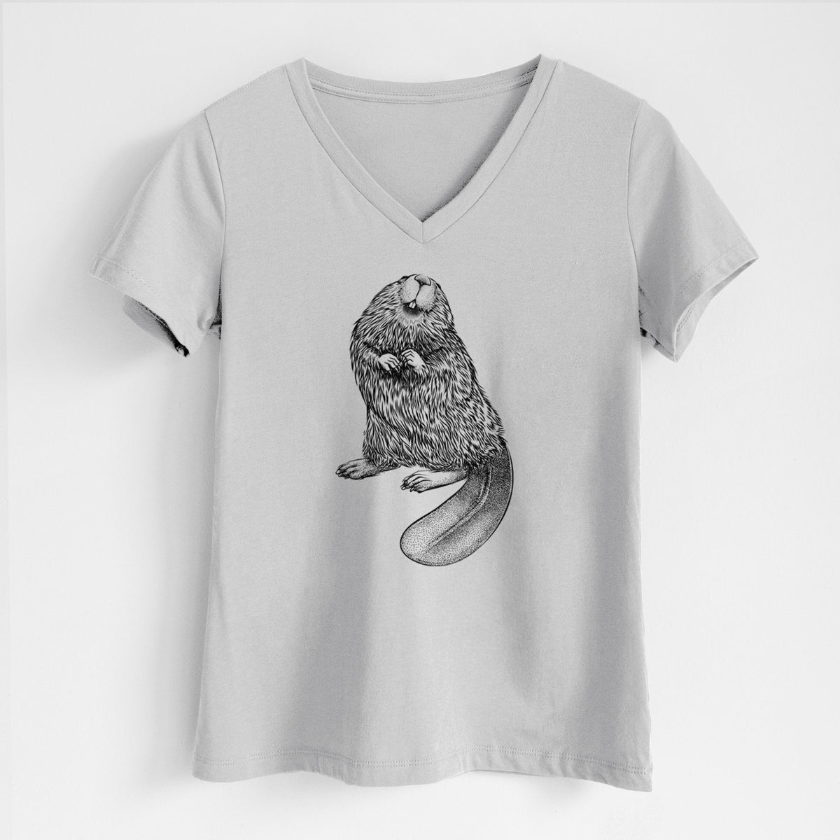 Lunar grey women's relaxed fit cotton V-neck t-shirt laid flat, printed with a detailed black ink illustration of an American beaver sitting upright with its flat tail.