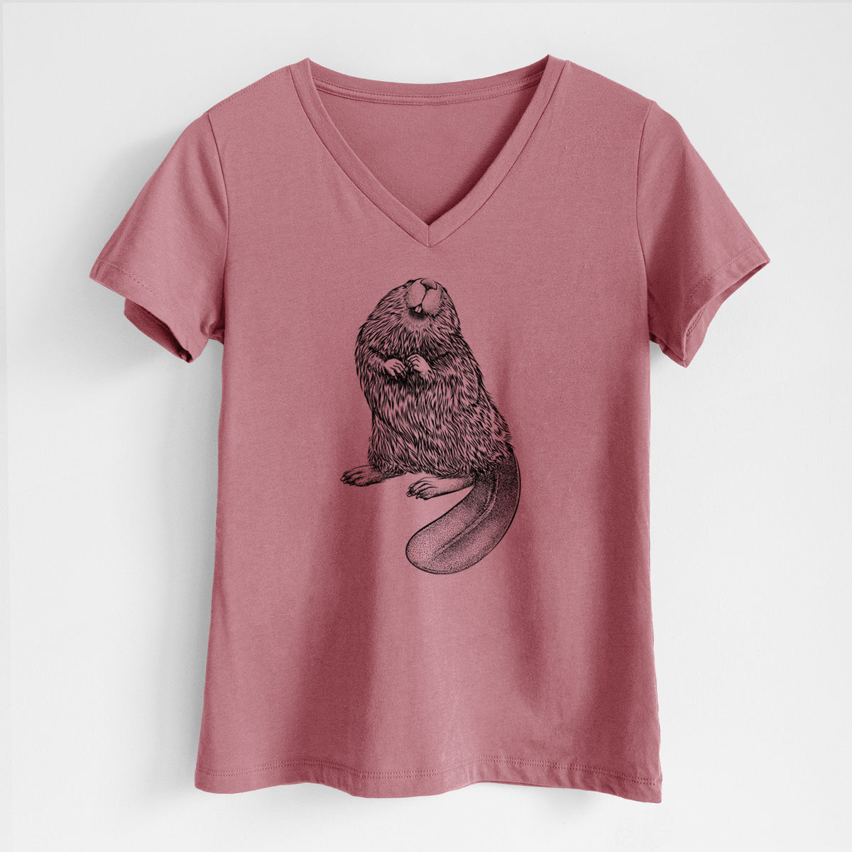Mauve pink women's relaxed fit cotton V-neck t-shirt laid flat, printed with a detailed black ink illustration of an American beaver sitting upright with its flat tail.