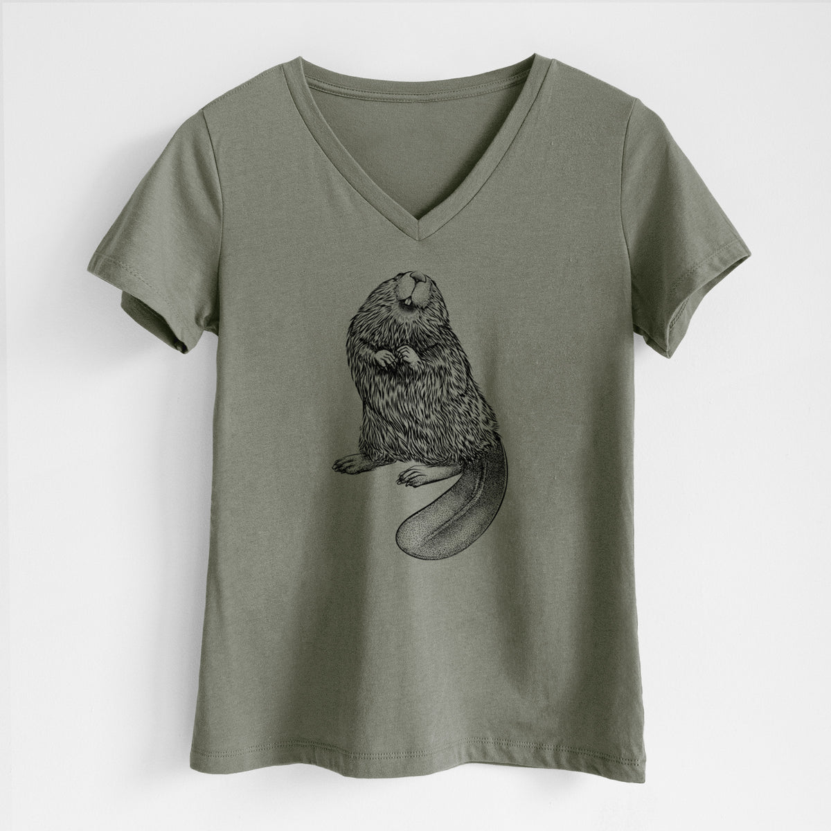 Military green women's relaxed fit cotton V-neck t-shirt laid flat, printed with a detailed black ink illustration of an American beaver sitting upright with its flat tail.