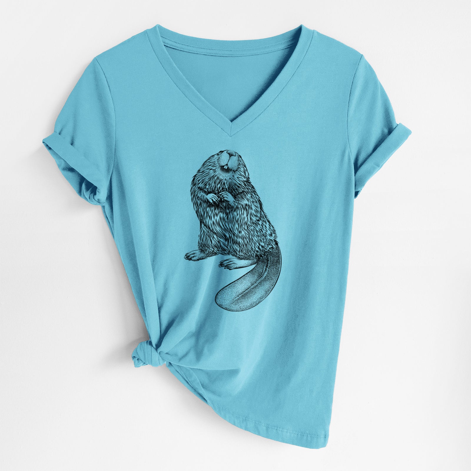 Turquoise women's relaxed fit cotton V-neck t-shirt laid flat, printed with a detailed black ink illustration of an American beaver sitting upright with its flat tail.