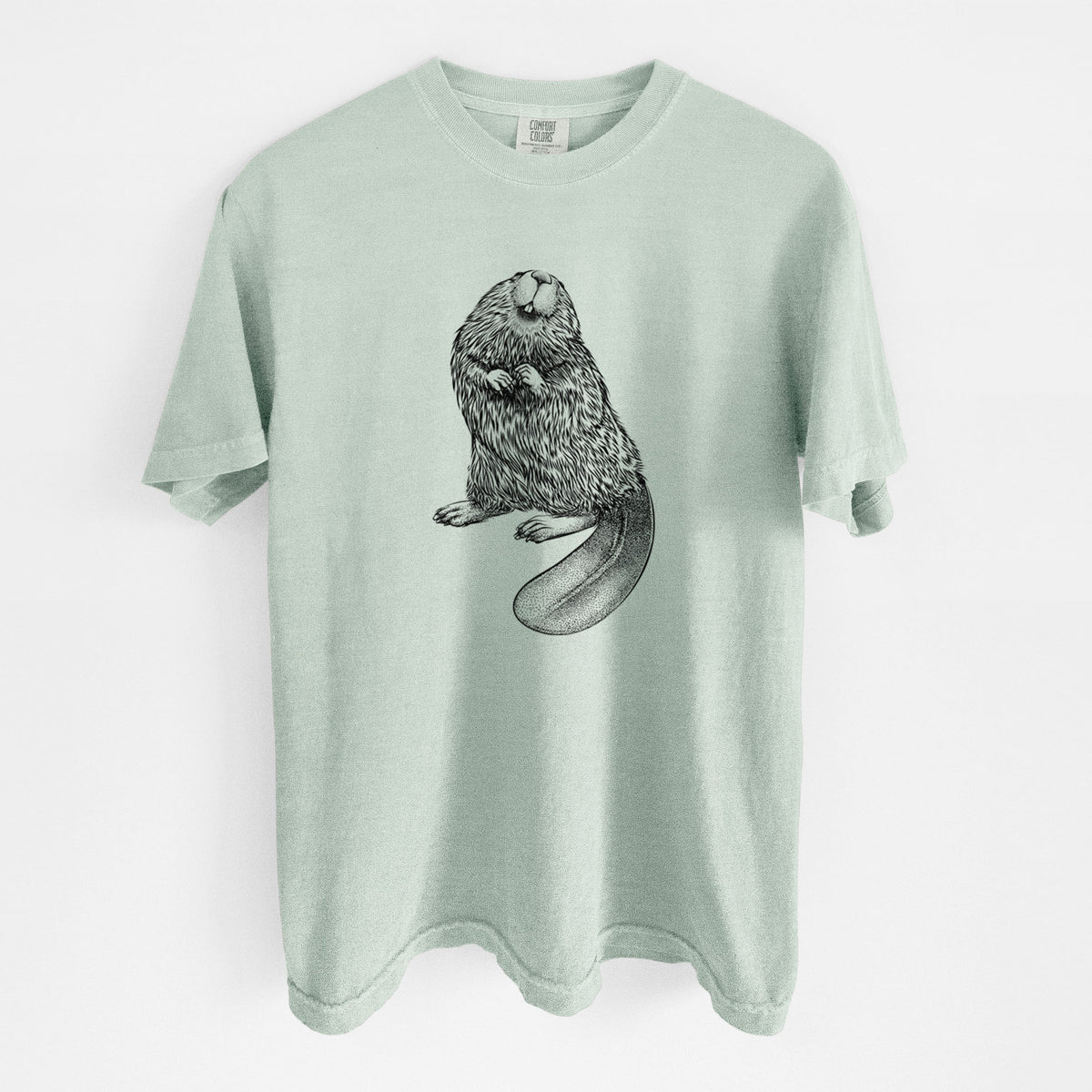 Bay green Comfort Colors t-shirt laid flat, printed with a detailed black ink illustration of an American beaver sitting upright with its flat tail.