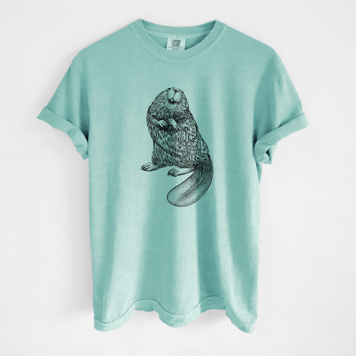 Chalky mint Comfort Colors t-shirt laid flat, printed with a detailed black ink illustration of an American beaver sitting upright with its flat tail.