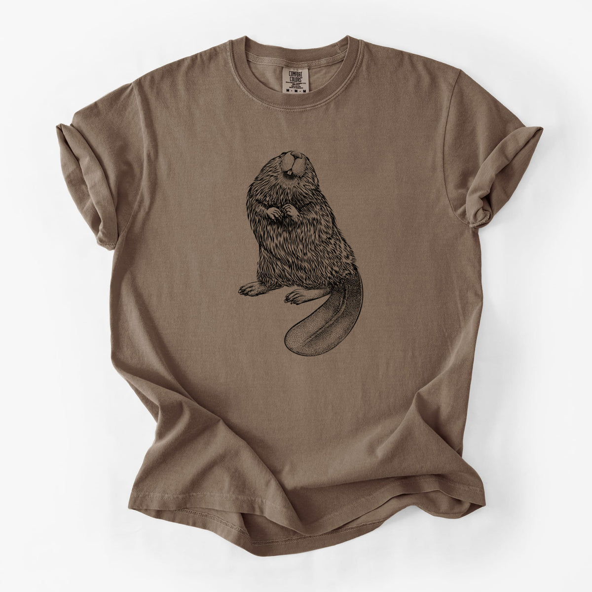 Espresso brown Comfort Colors t-shirt laid flat, printed with a detailed black ink illustration of an American beaver sitting upright with its flat tail.
