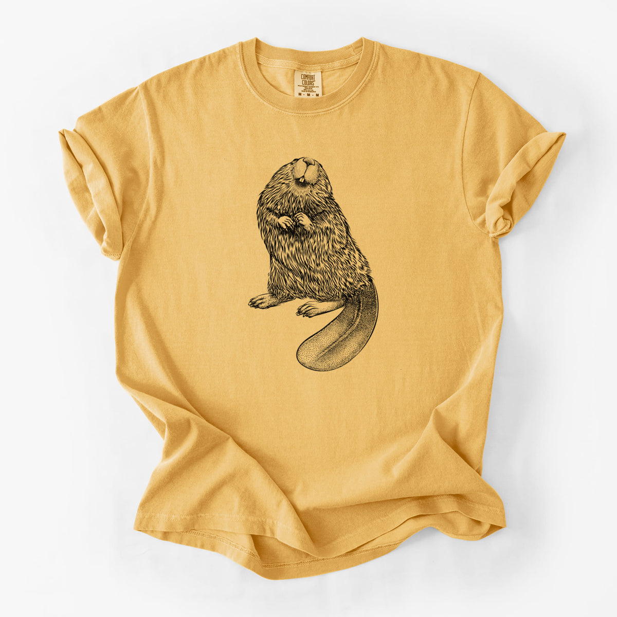Golden wheat yellow Comfort Colors t-shirt laid flat, printed with a detailed black ink illustration of an American beaver sitting upright with its flat tail.