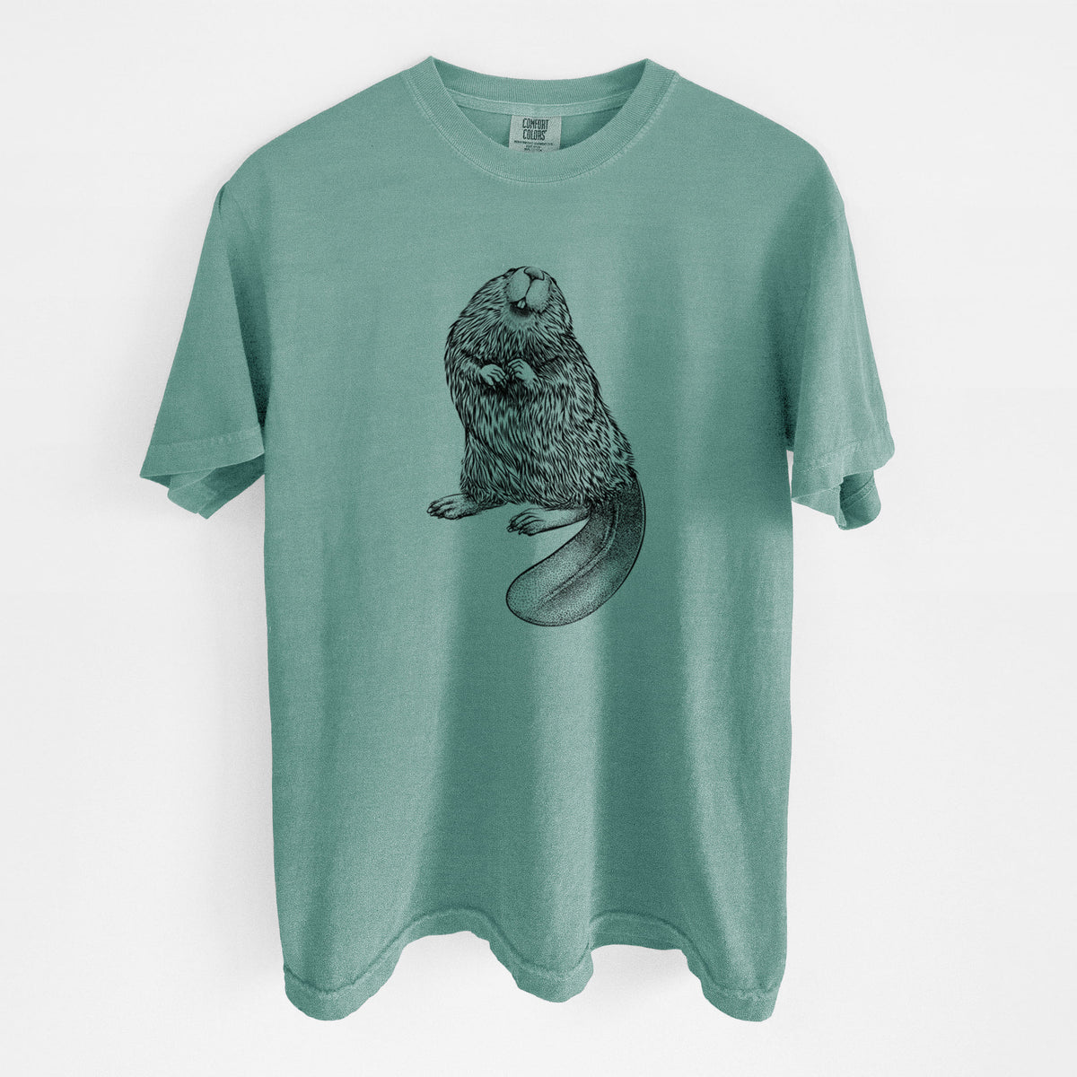 Reef green Comfort Colors t-shirt laid flat, printed with a detailed black ink illustration of an American beaver sitting upright with its flat tail.