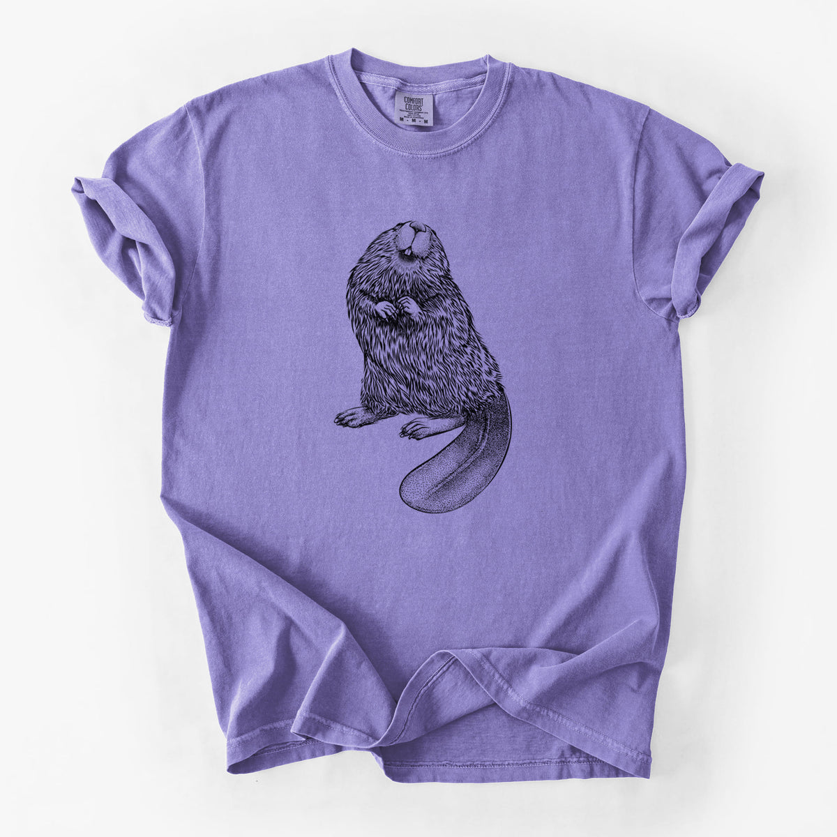 Violet purple Comfort Colors t-shirt laid flat, printed with a detailed black ink illustration of an American beaver sitting upright with its flat tail.