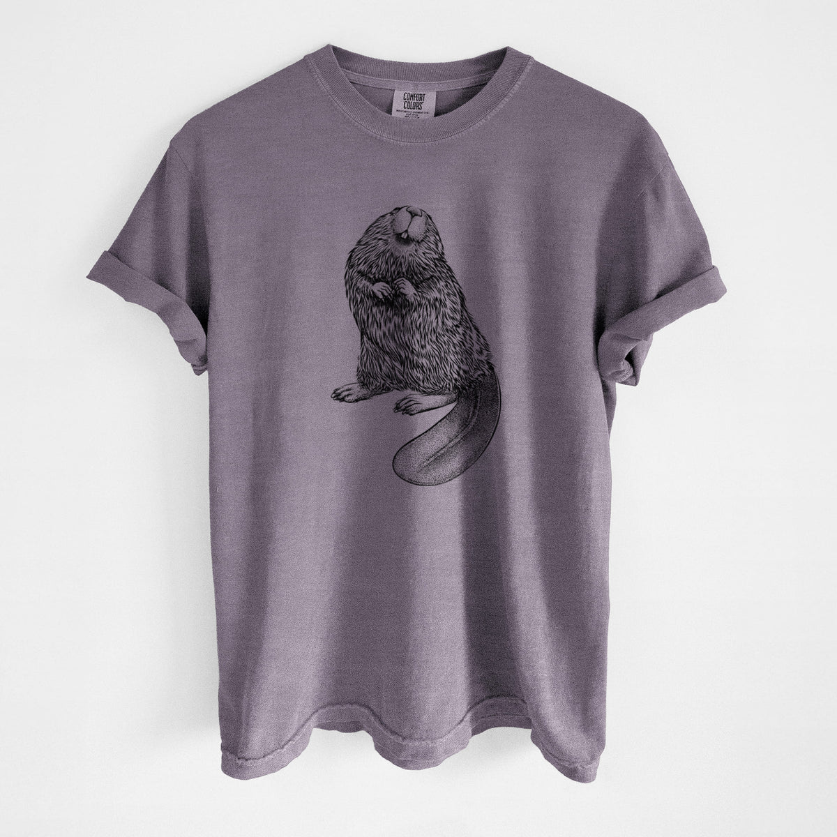 Wine red Comfort Colors t-shirt laid flat, printed with a detailed black ink illustration of an American beaver sitting upright with its flat tail.
