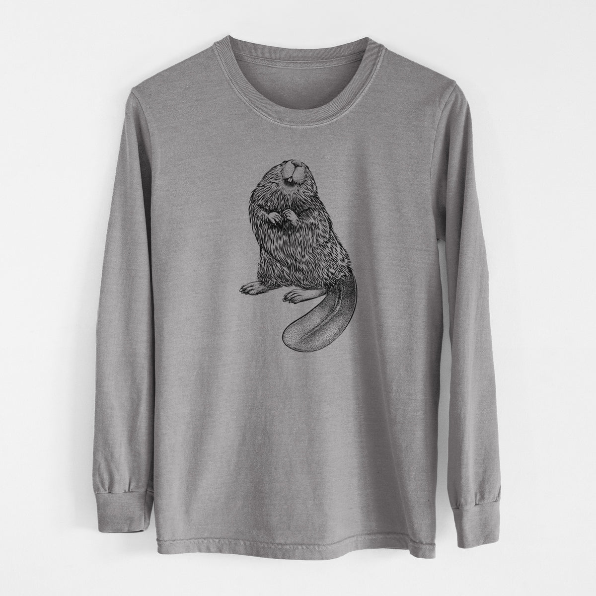 Grey Comfort Colors long sleeve shirt laid flat, printed with a detailed black ink illustration of an American beaver sitting upright with its flat tail.