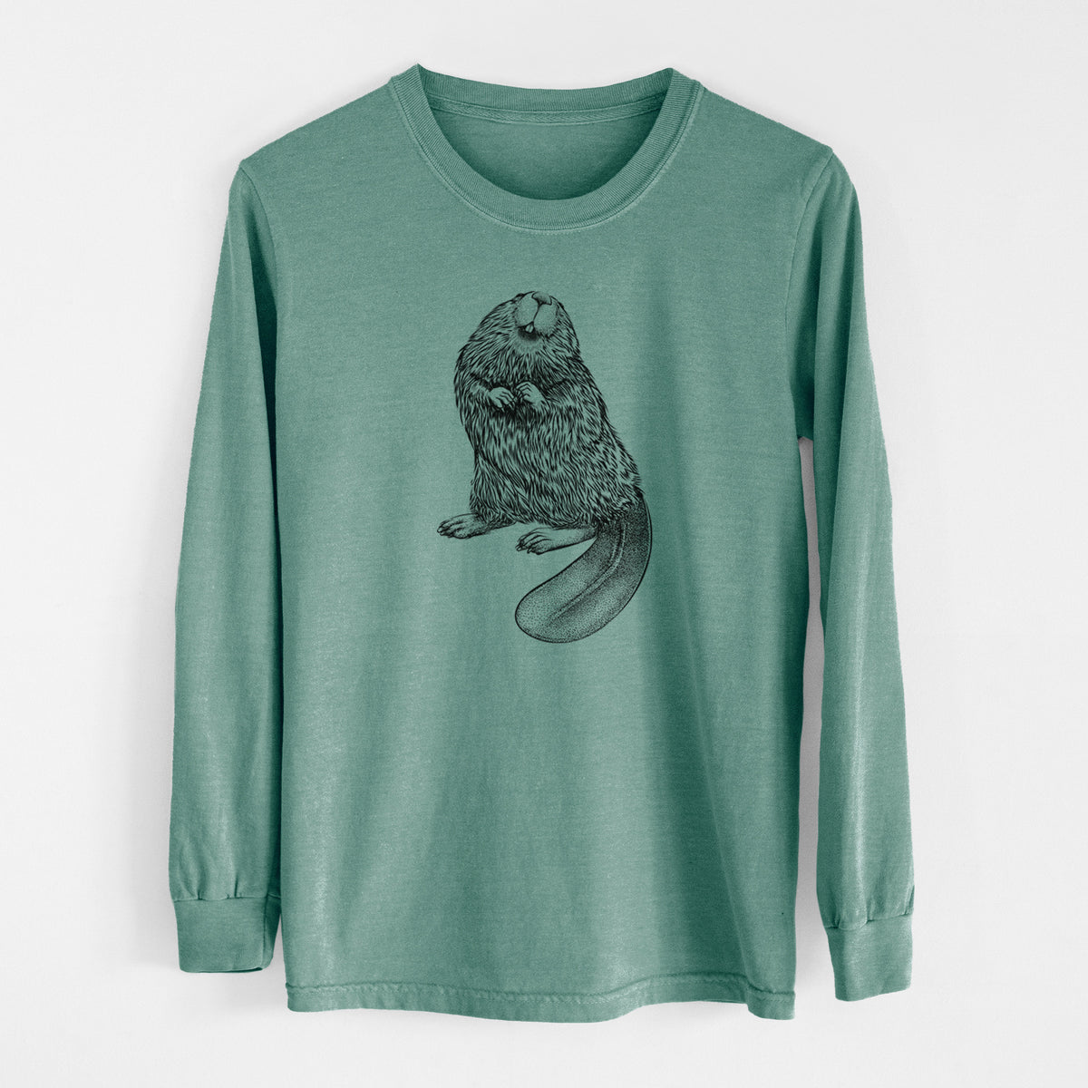 Pine green Comfort Colors long sleeve shirt laid flat, printed with a detailed black ink illustration of an American beaver sitting upright with its flat tail.