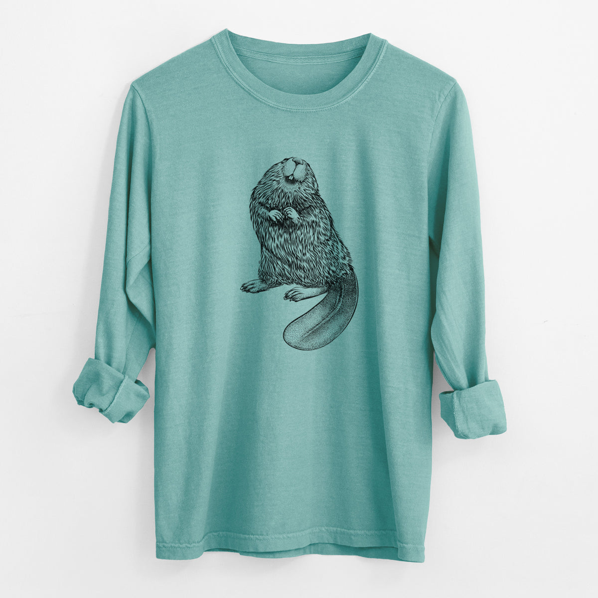Reef green Comfort Colors long sleeve shirt laid flat with the cuffs rolled, printed with a detailed black ink illustration of an American beaver sitting upright with its flat tail.