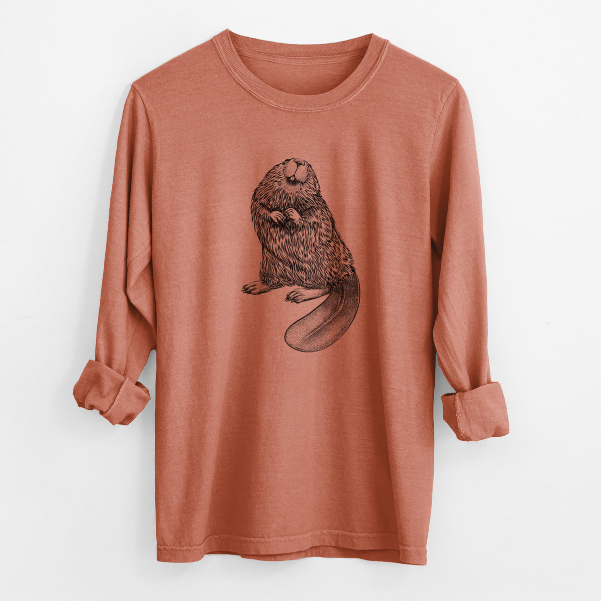 Yam burnt orange Comfort Colors long sleeve shirt laid flat with the cuffs rolled, printed with a detailed black ink illustration of an American beaver sitting upright with its flat tail.