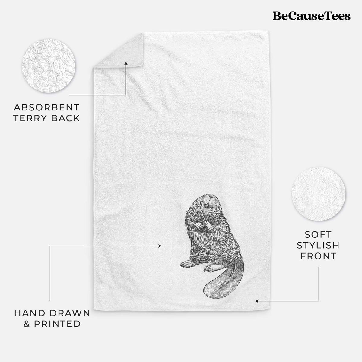 White hand towel printed with a detailed black ink illustration of an American beaver sitting upright with its flat tail.