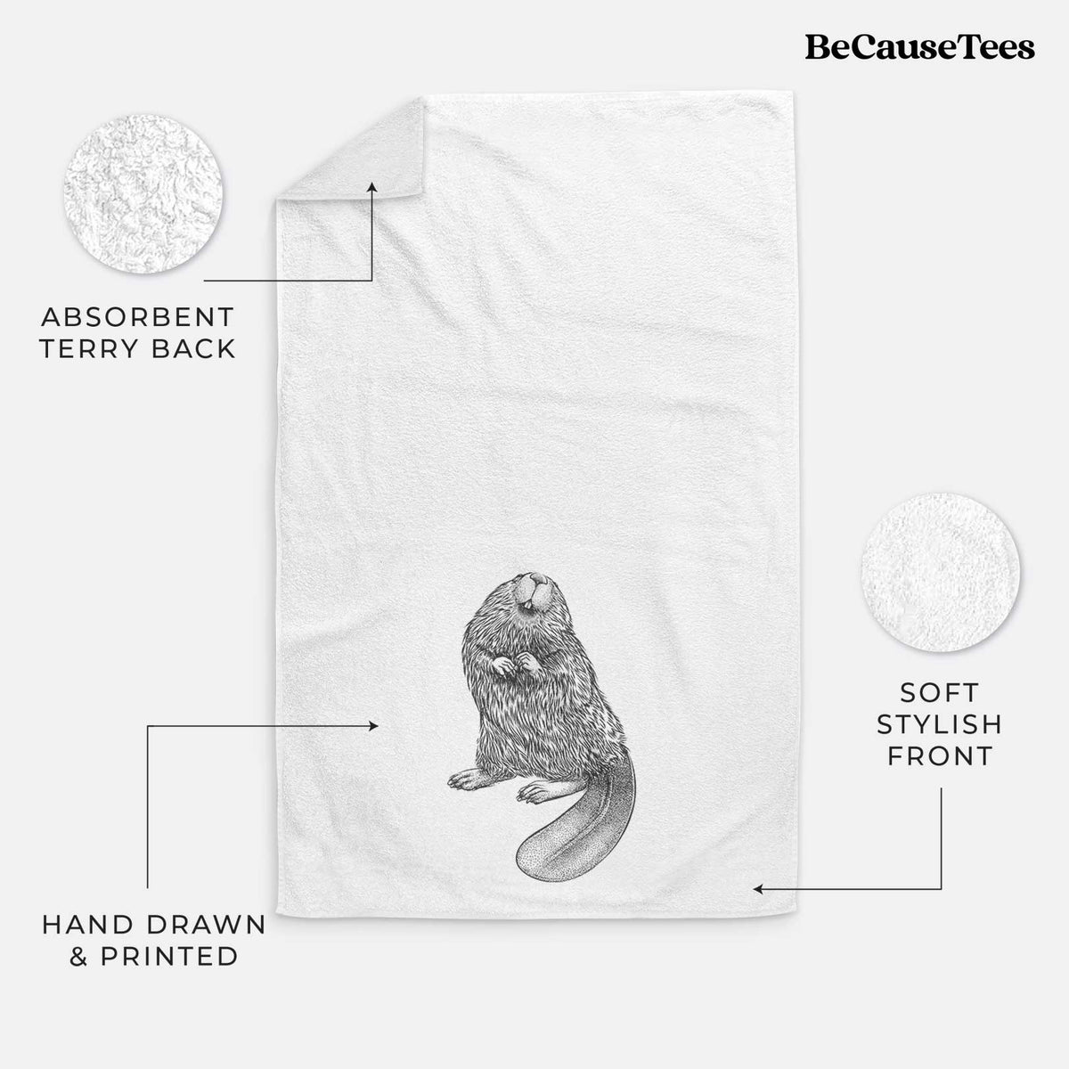 White hand towel printed with a detailed black ink illustration of an American beaver sitting upright with its flat tail.