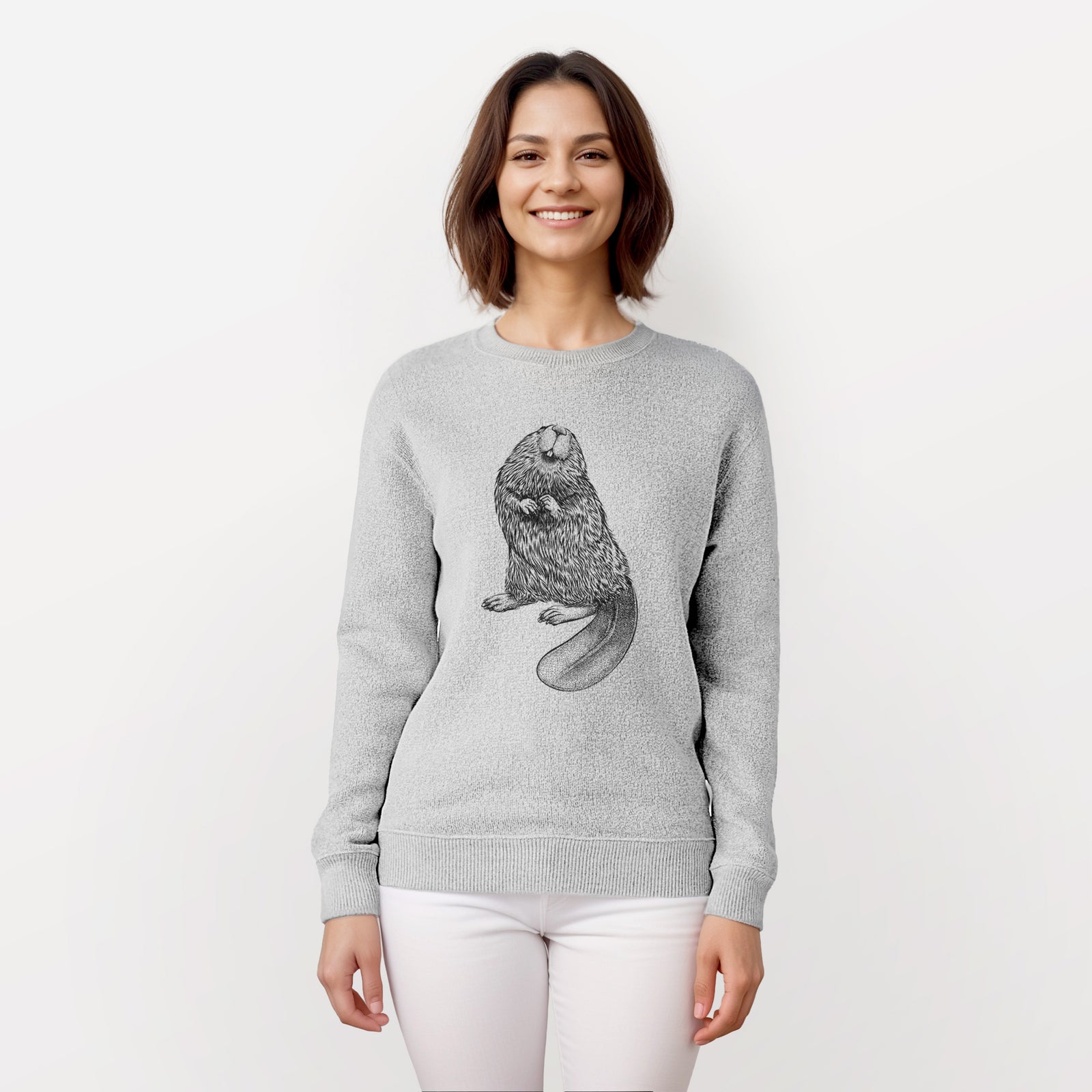 Salt and pepper knit sweatshirt laid flat, printed with a detailed black ink illustration of an American beaver sitting upright with its flat tail.