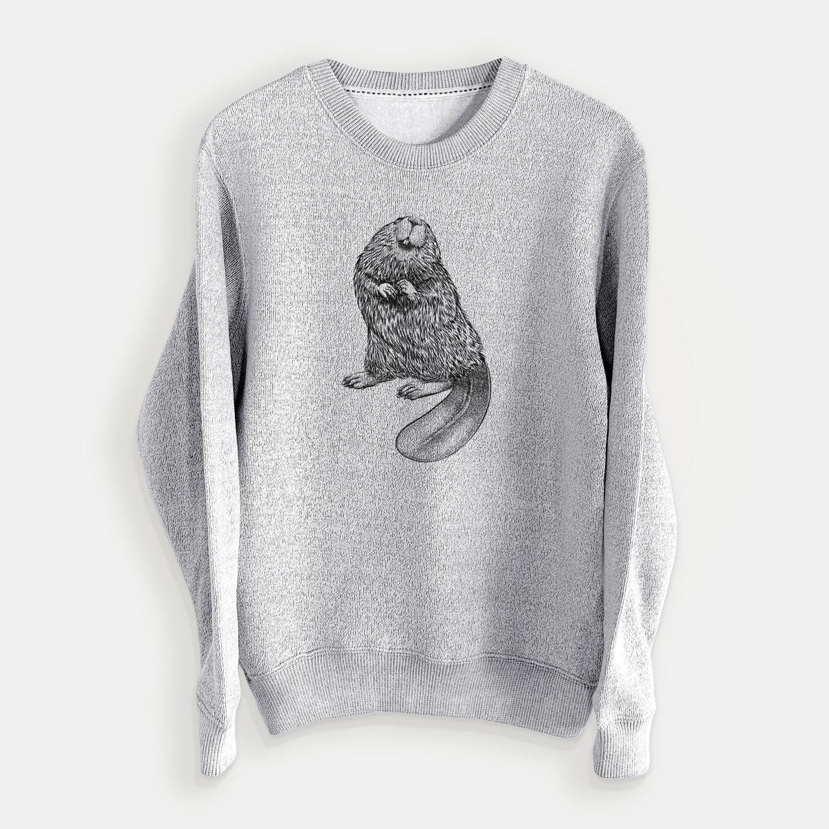 Salt and pepper knit sweatshirt laid flat, printed with a detailed black ink illustration of an American beaver sitting upright with its flat tail.
