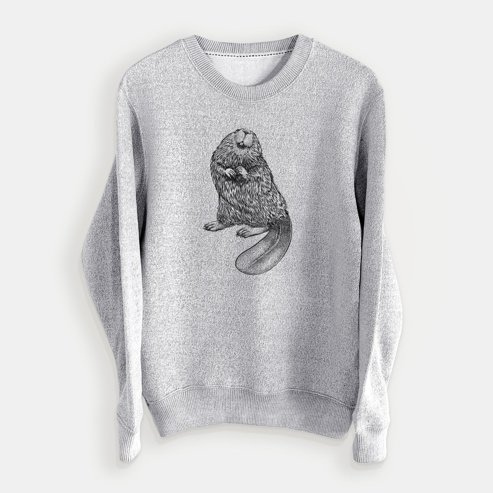 Salt and pepper knit sweatshirt laid flat, printed with a detailed black ink illustration of an American beaver sitting upright with its flat tail.