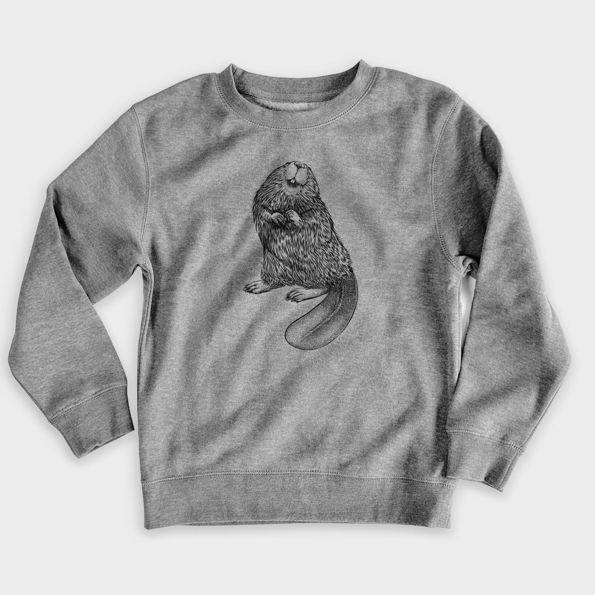 Nickel grey youth crewneck sweatshirt laid flat, printed with a detailed black ink illustration of an American beaver sitting upright with its flat tail.