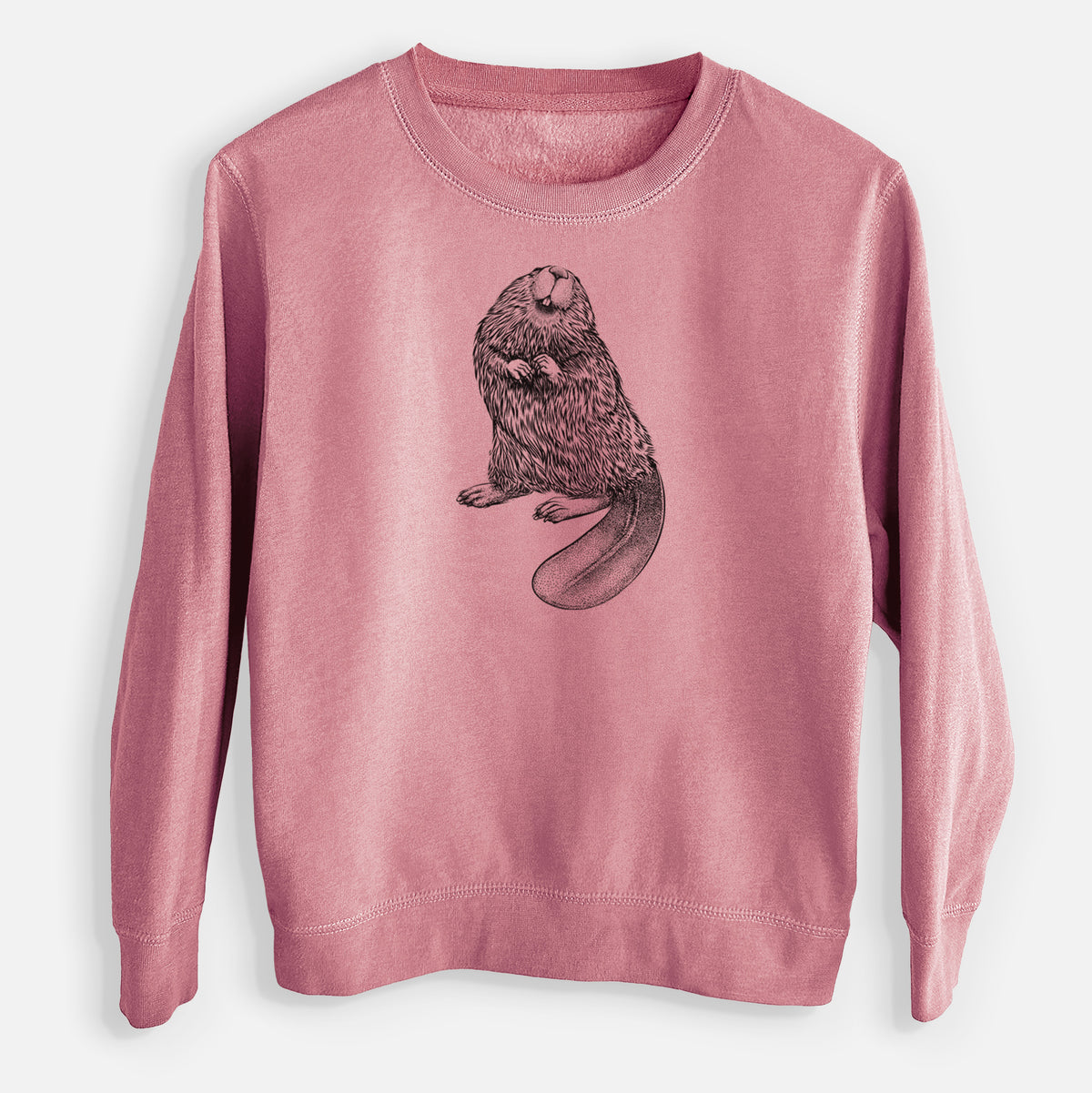 Mauve pink youth crewneck sweatshirt laid flat, printed with a detailed black ink illustration of an American beaver sitting upright with its flat tail.