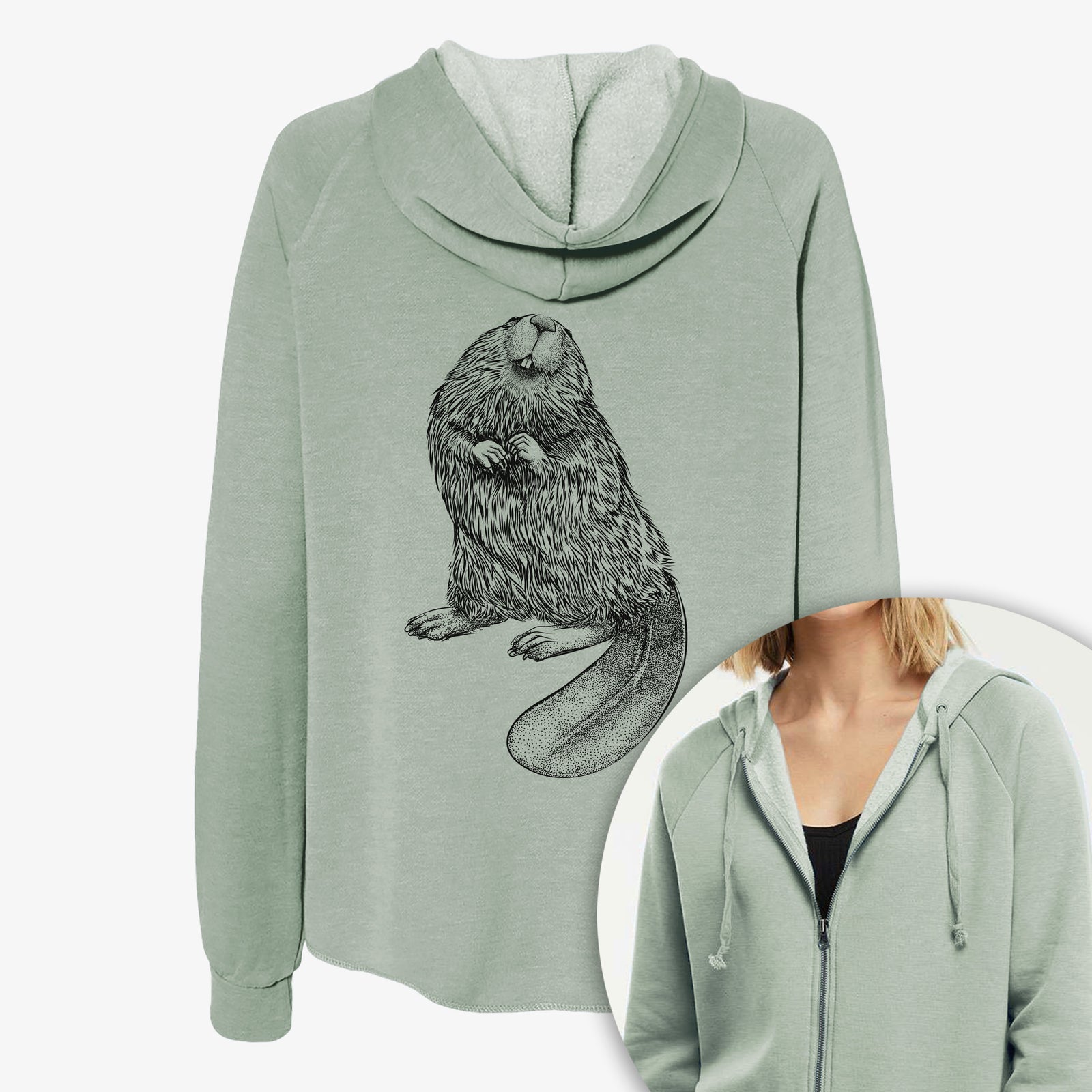 Women's Cali Wave zip-up sweatshirt printed with a detailed black ink illustration of an American beaver sitting upright with its flat tail, with a close-up of the zipper.
