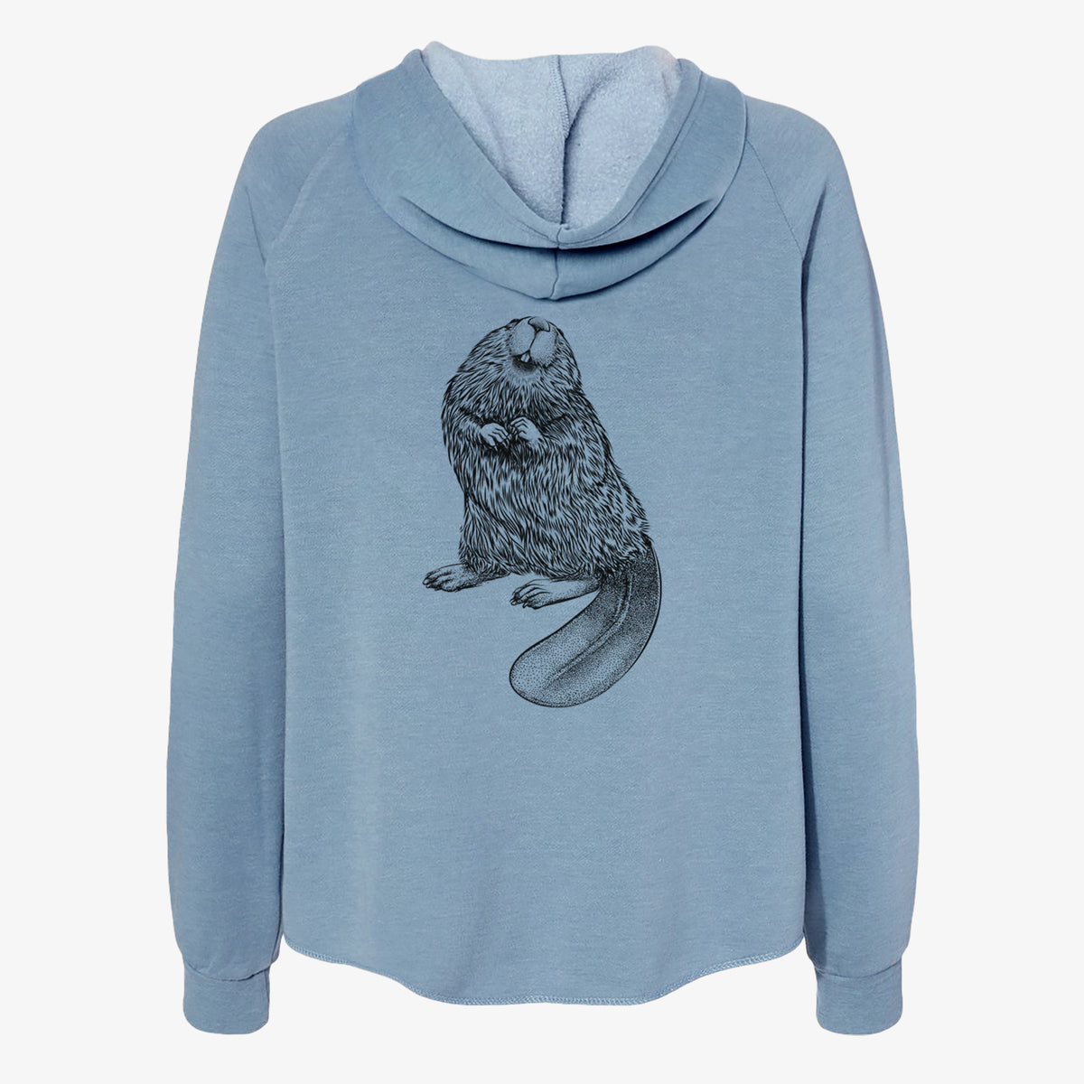 Misty blue women's Cali Wave zip-up sweatshirt laid flat, printed with a detailed black ink illustration of an American beaver sitting upright with its flat tail.