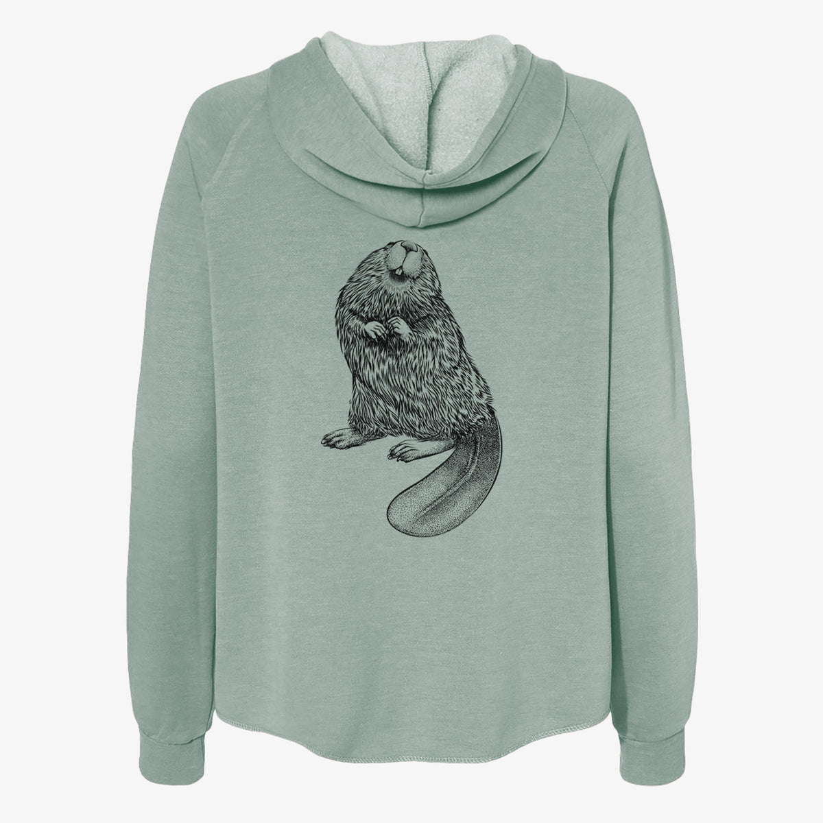 Sage green women's Cali Wave zip-up sweatshirt laid flat, printed with a detailed black ink illustration of an American beaver sitting upright with its flat tail.