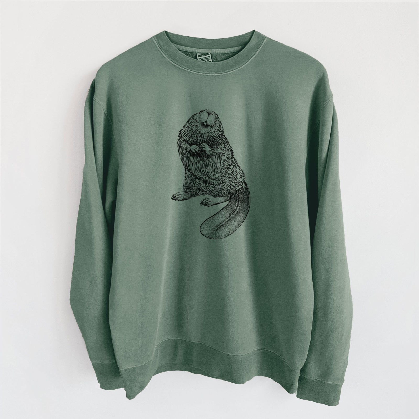 Alpine green pigment dyed crewneck sweatshirt laid flat, printed with a detailed black ink illustration of an American beaver sitting upright with its flat tail.
