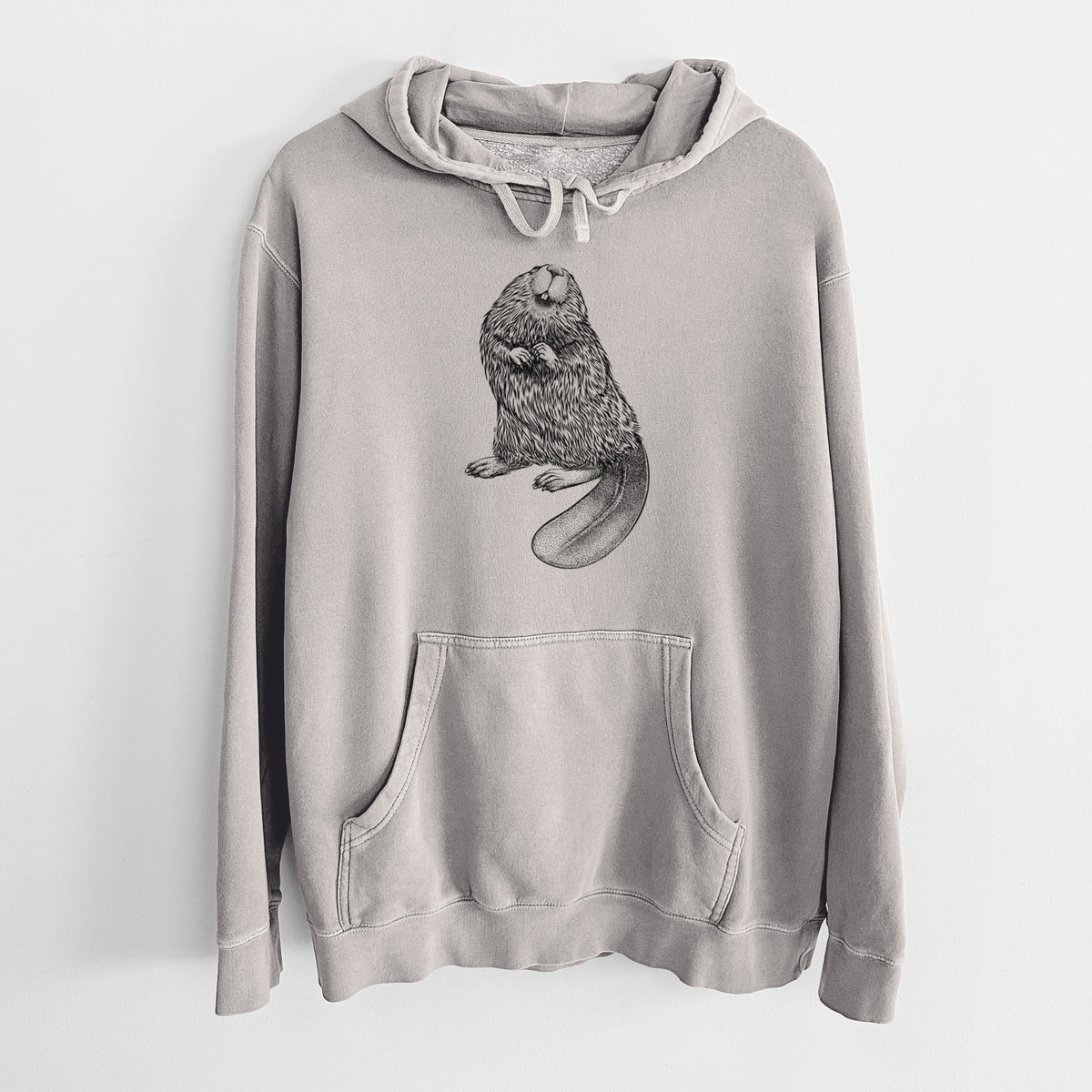 Cement grey pigment dyed hoodie laid flat, printed with a detailed black ink illustration of an American beaver sitting upright with its flat tail.