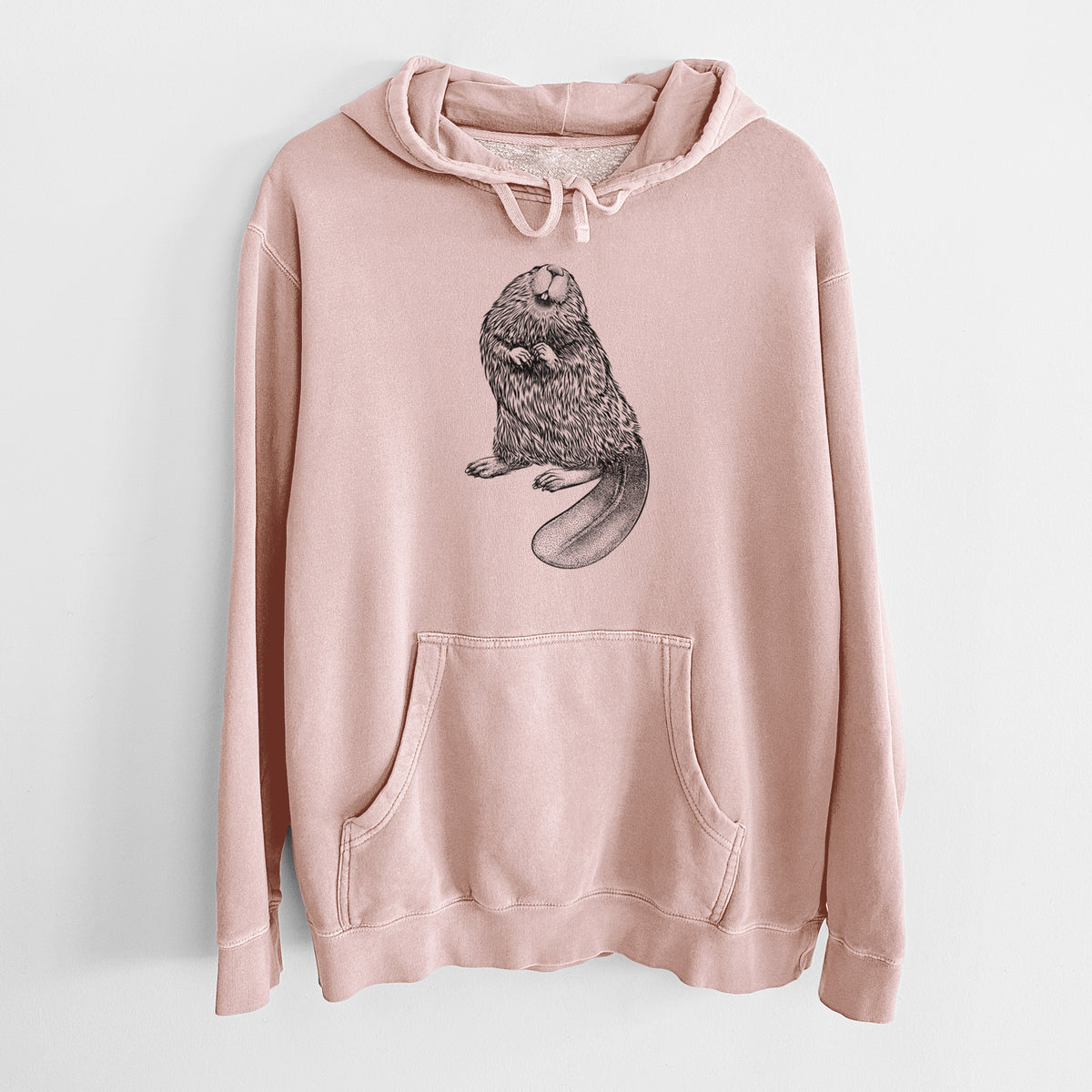 Dusty pink pigment dyed hoodie laid flat, printed with a detailed black ink illustration of an American beaver sitting upright with its flat tail.