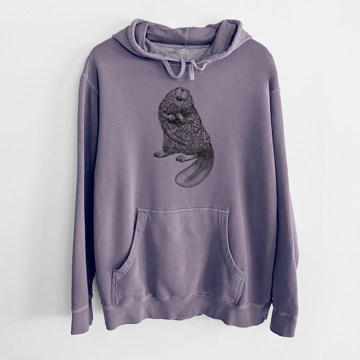 Plum purple pigment dyed hoodie laid flat, printed with a detailed black ink illustration of an American beaver sitting upright with its flat tail.