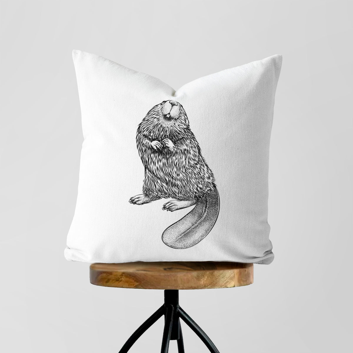 White pillow cover printed with a detailed black ink illustration of an American beaver sitting upright with its flat tail, on a wooden stool.