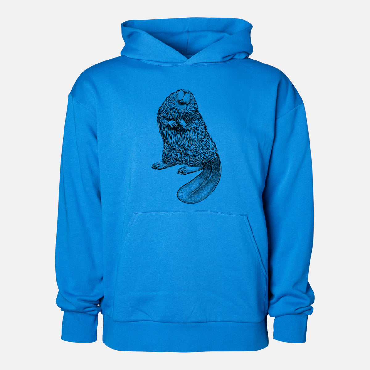 North American Beaver - Castor canadensis - Statement Midweight Hoodie in Azure Blue, shown from the front with the design printed on the chest above a front kangaroo pocket.
